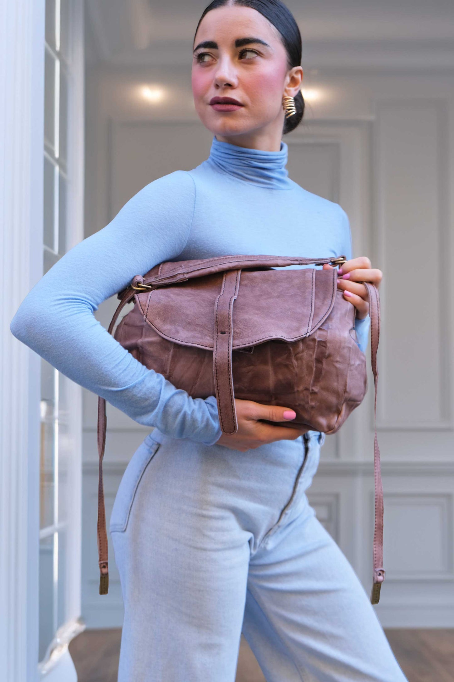 Do saddle bag taupe in soft nappa lomé - Made in Italy -