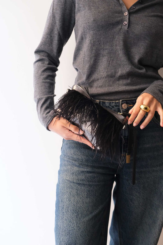 Olga pochette in pewter calf leather with black feathers - Made in Italy -