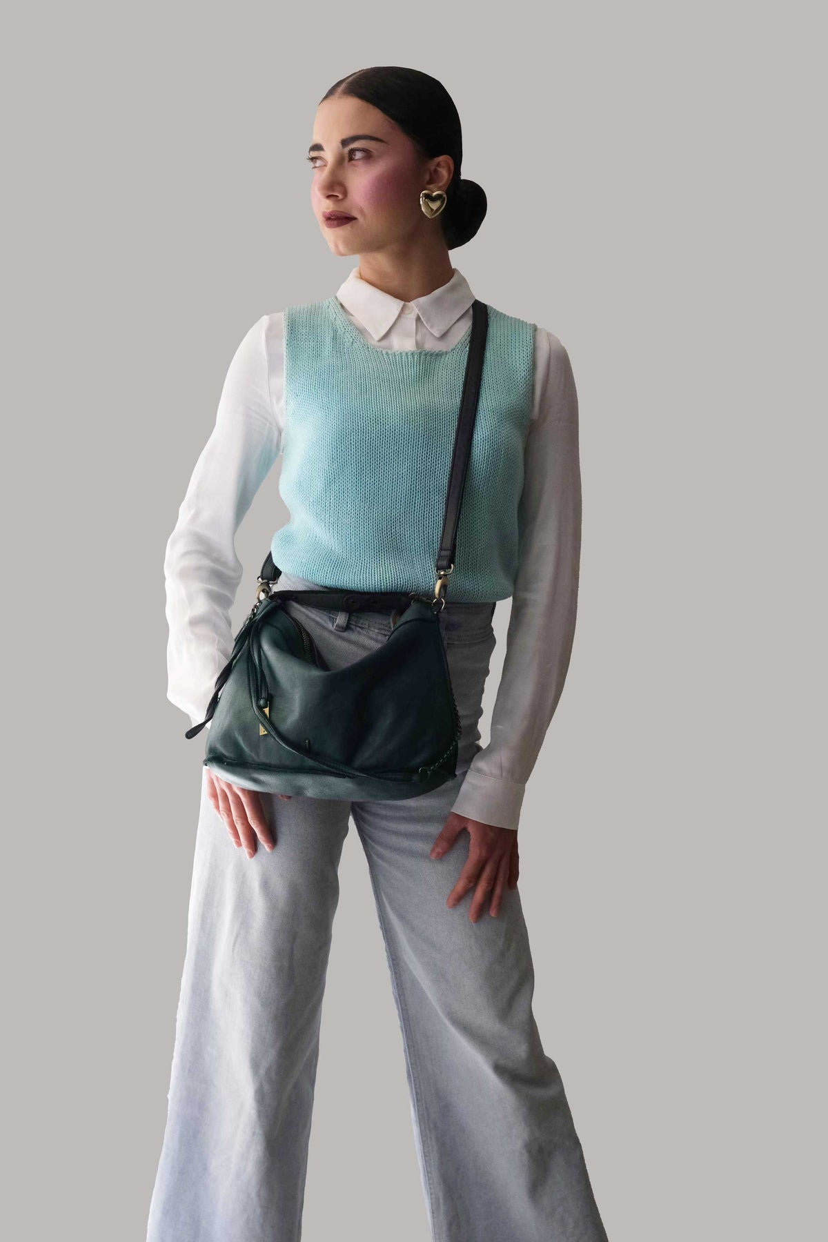 Rechi media hobo bag teal garment-dyed leather - Made in Italy -