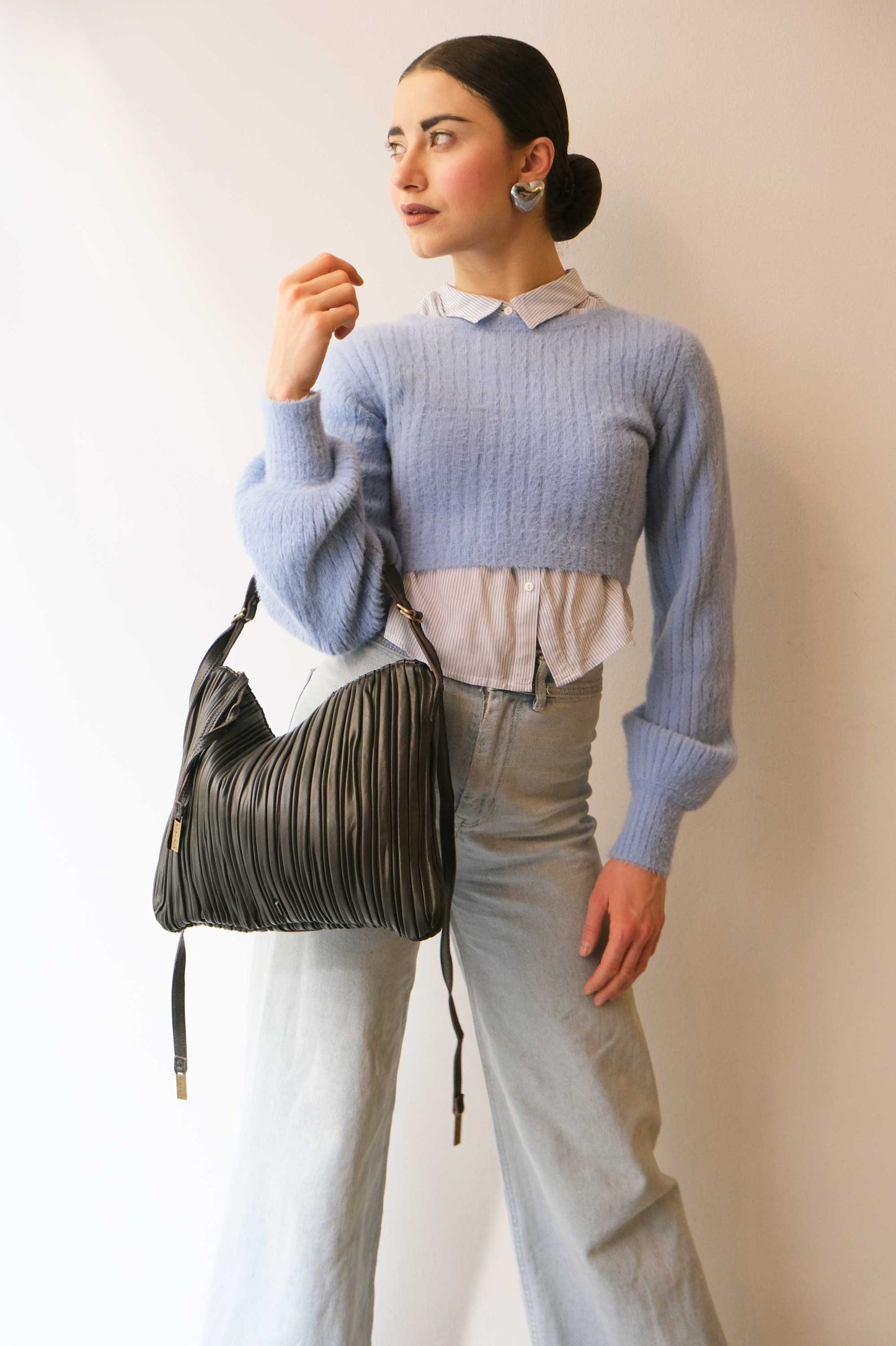Valentina small hobo bag in brown pleated leather - Made in Italy -
