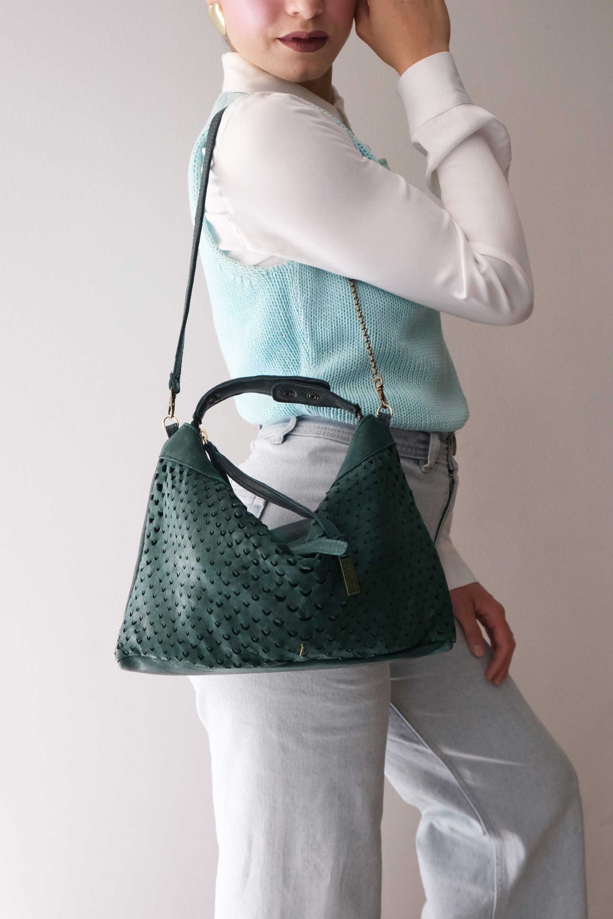Chicca Media hobo bag in teal perforated nappa - Made in Italy -