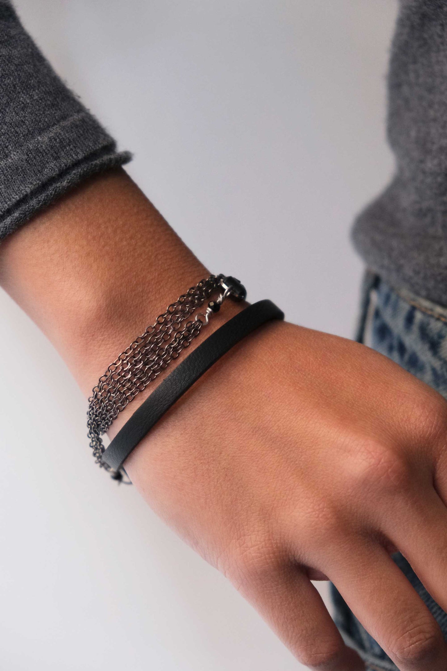 Mia bracciale in pelle nera catene canna di fucile -Made in Italy -