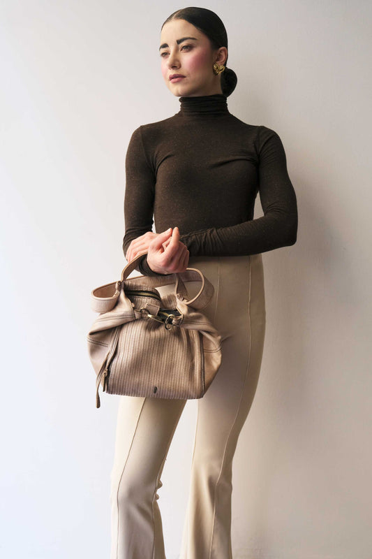 Mina media tote bag in turner sand soft leather - Made in Italy -