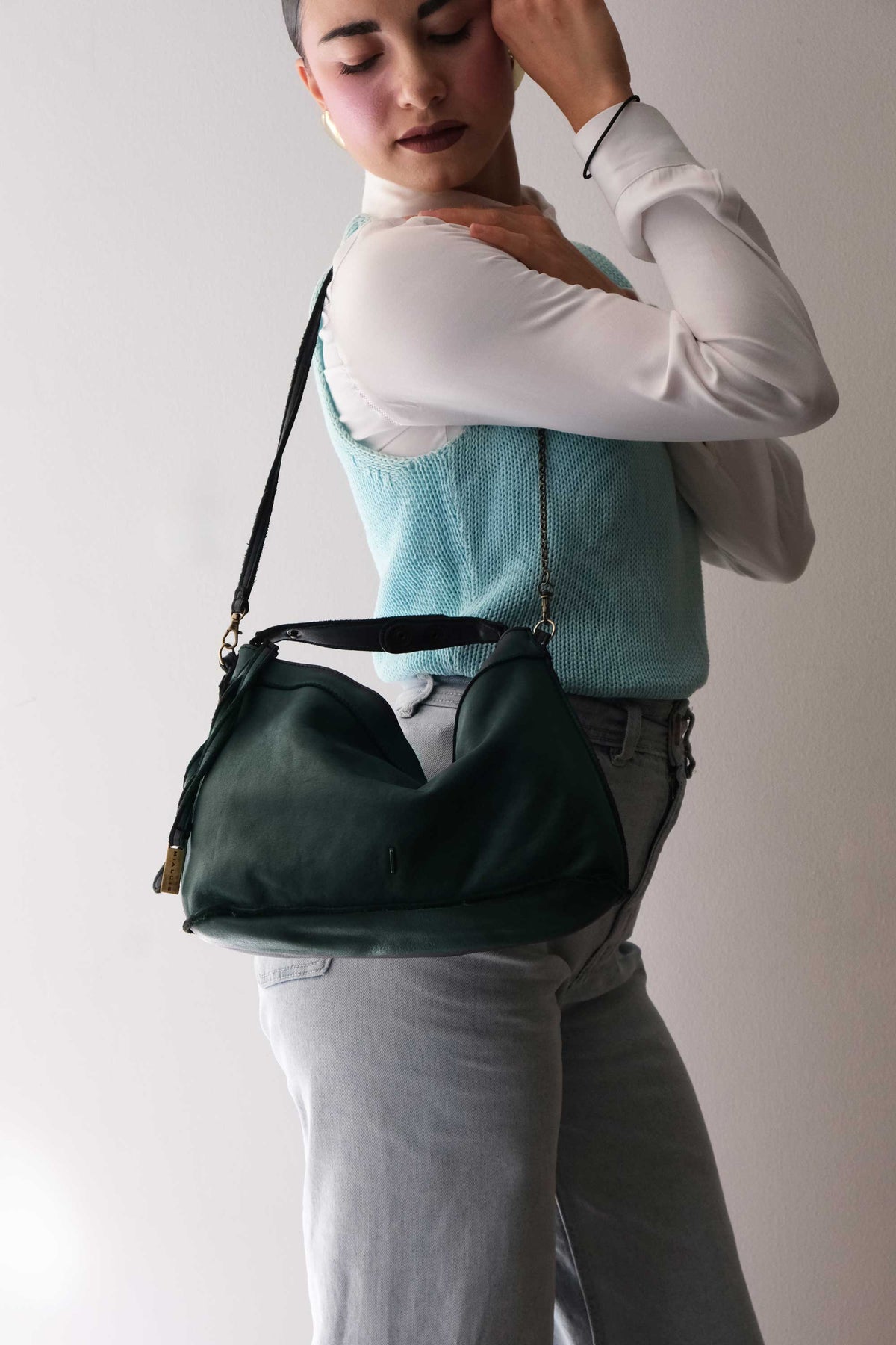 Rechi media hobo bag teal garment-dyed leather - Made in Italy -