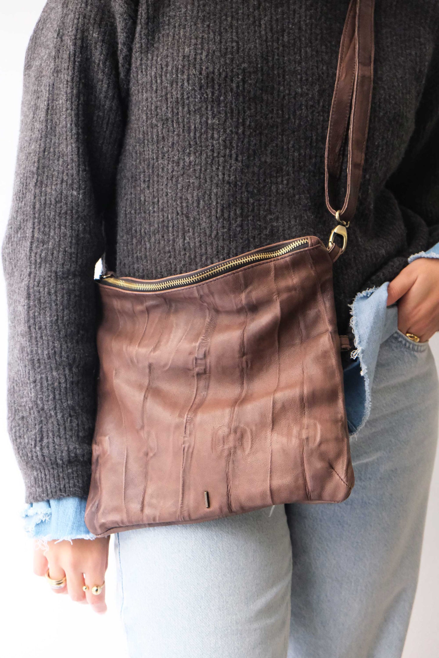 Stella modular pochette in brown nappa washed soft leather leather - Made in Italy -