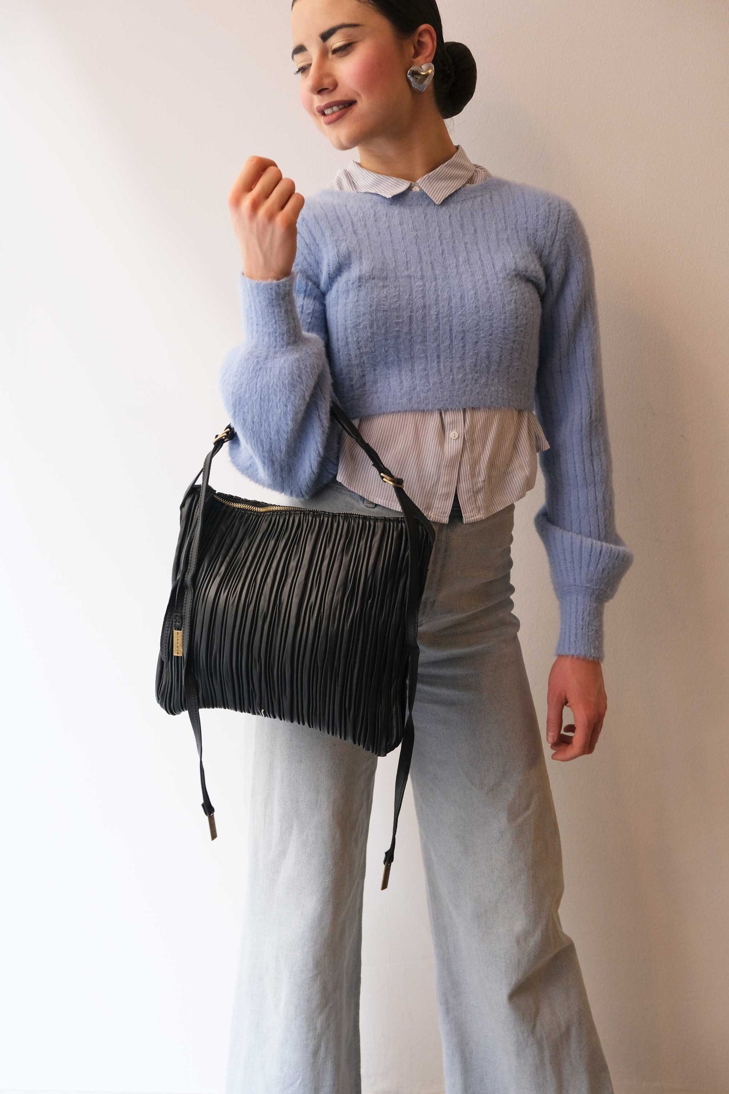 Valentina small hobo bag in black pleated leather - Made in Italy -