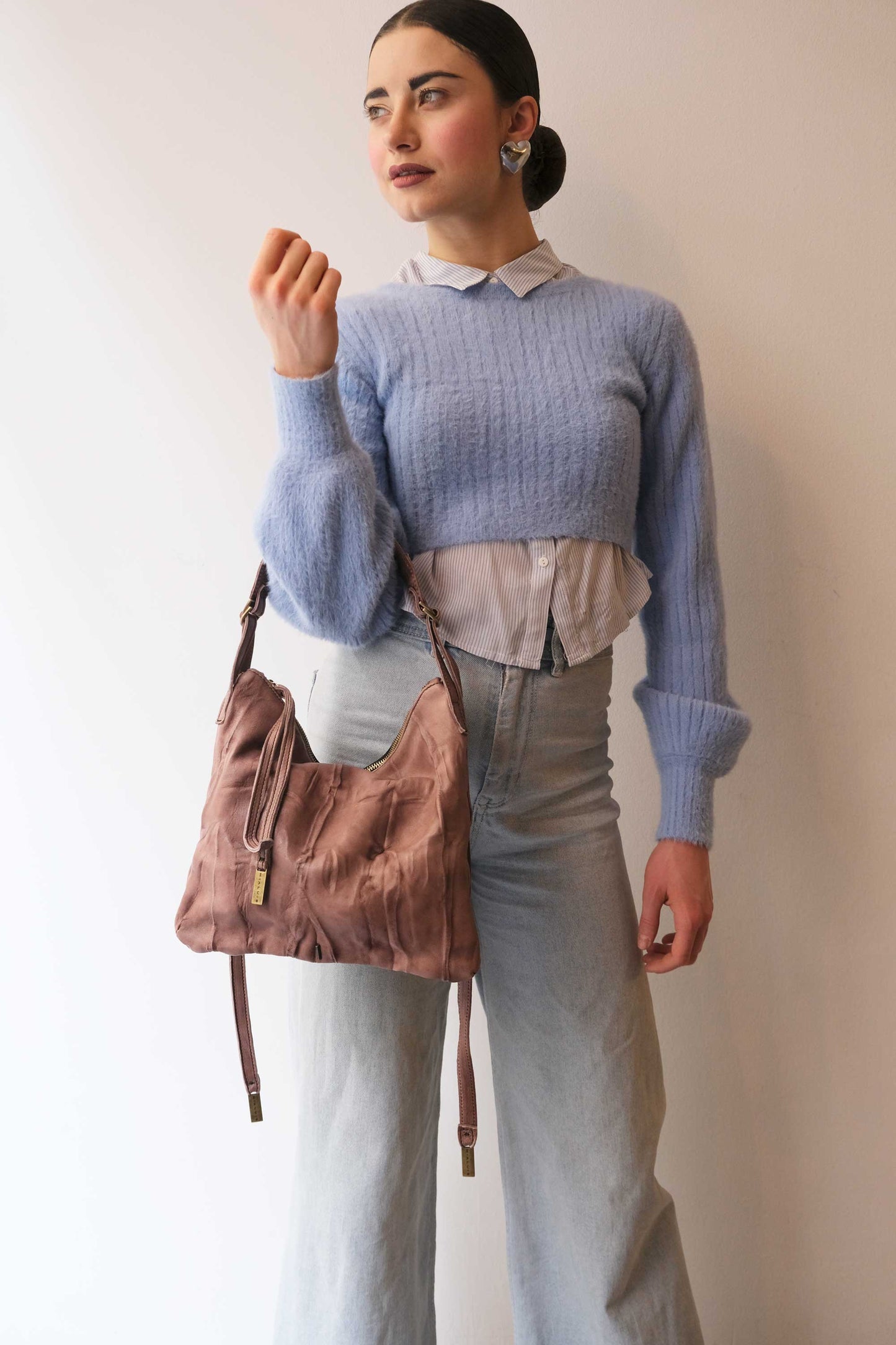Valentina small hobo bag in taupe lomè leather - Made in Italy -