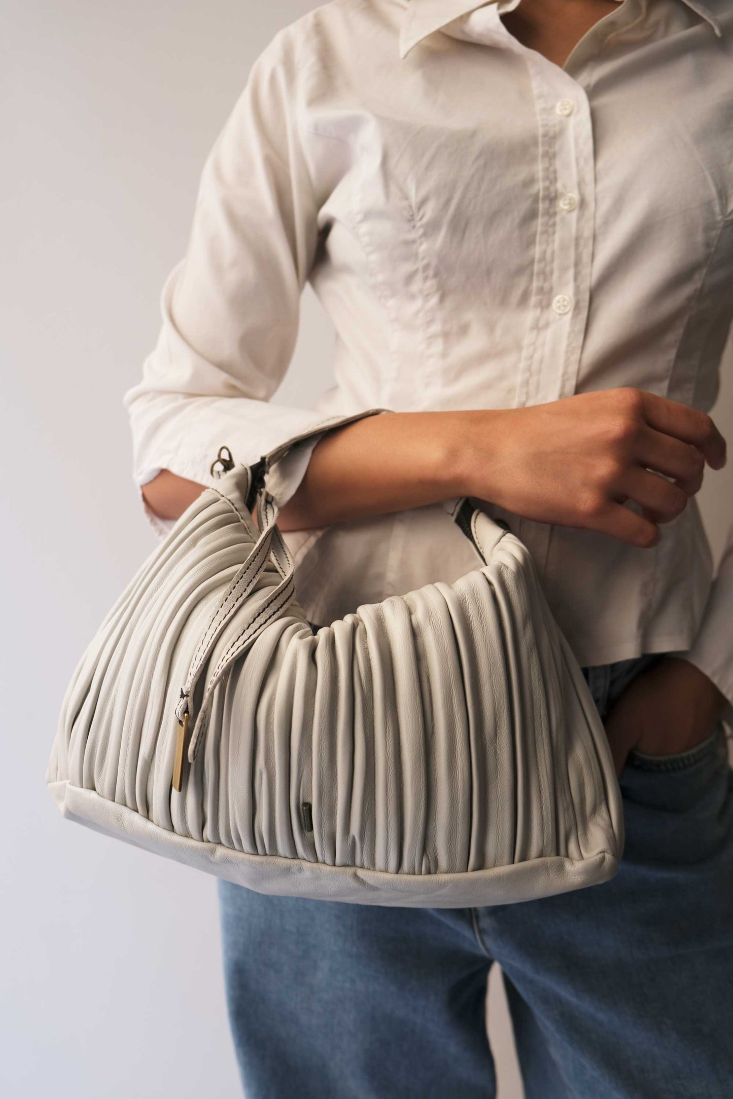 PRE ORDER discount 15%- Chicca Media hobo bag in ice grey pleated leather- use code PREORDER15- DELIVERY DELIVERY END FEBRUARY - Made in Italy -