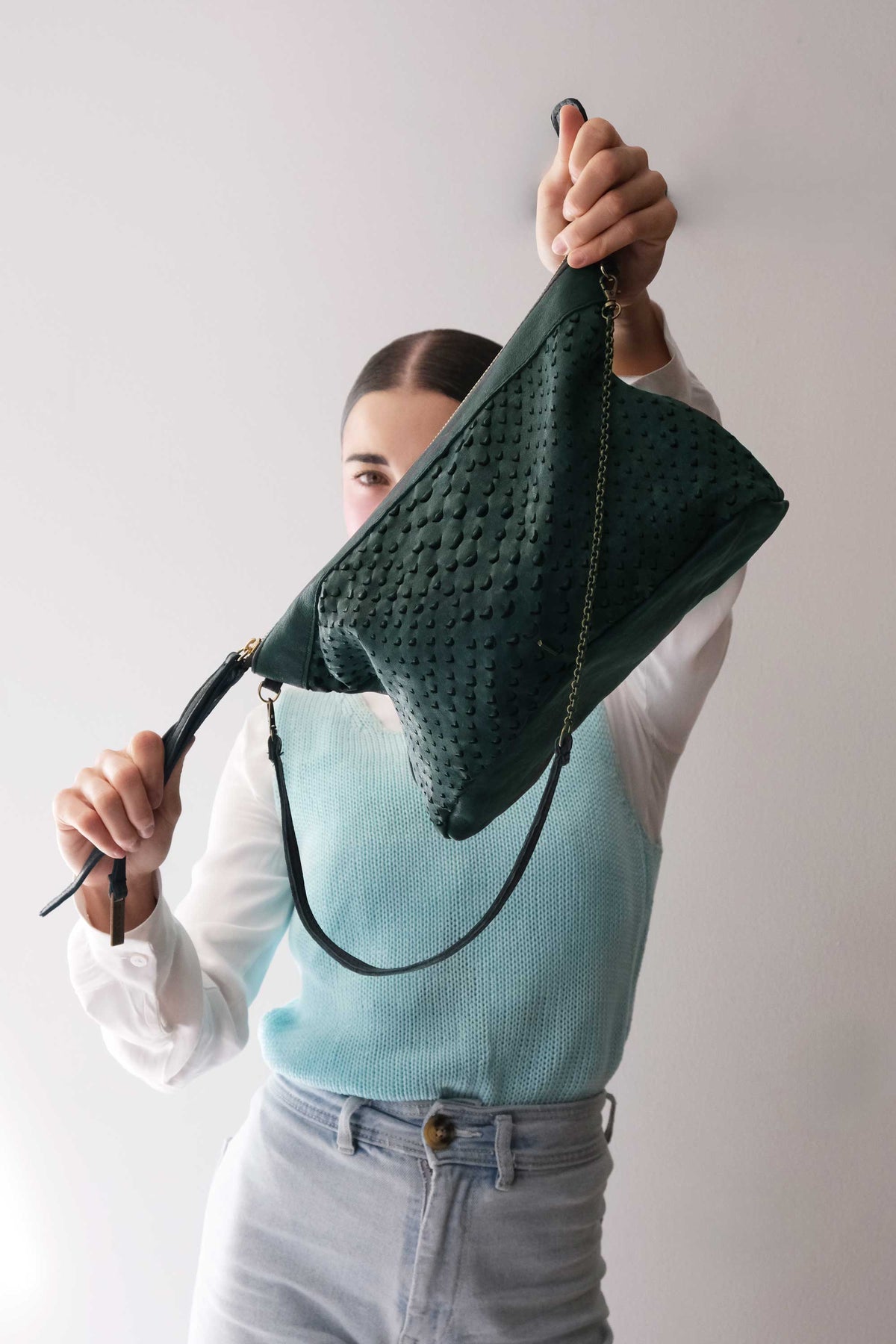 Chicca Media hobo bag in teal perforated nappa - Made in Italy -