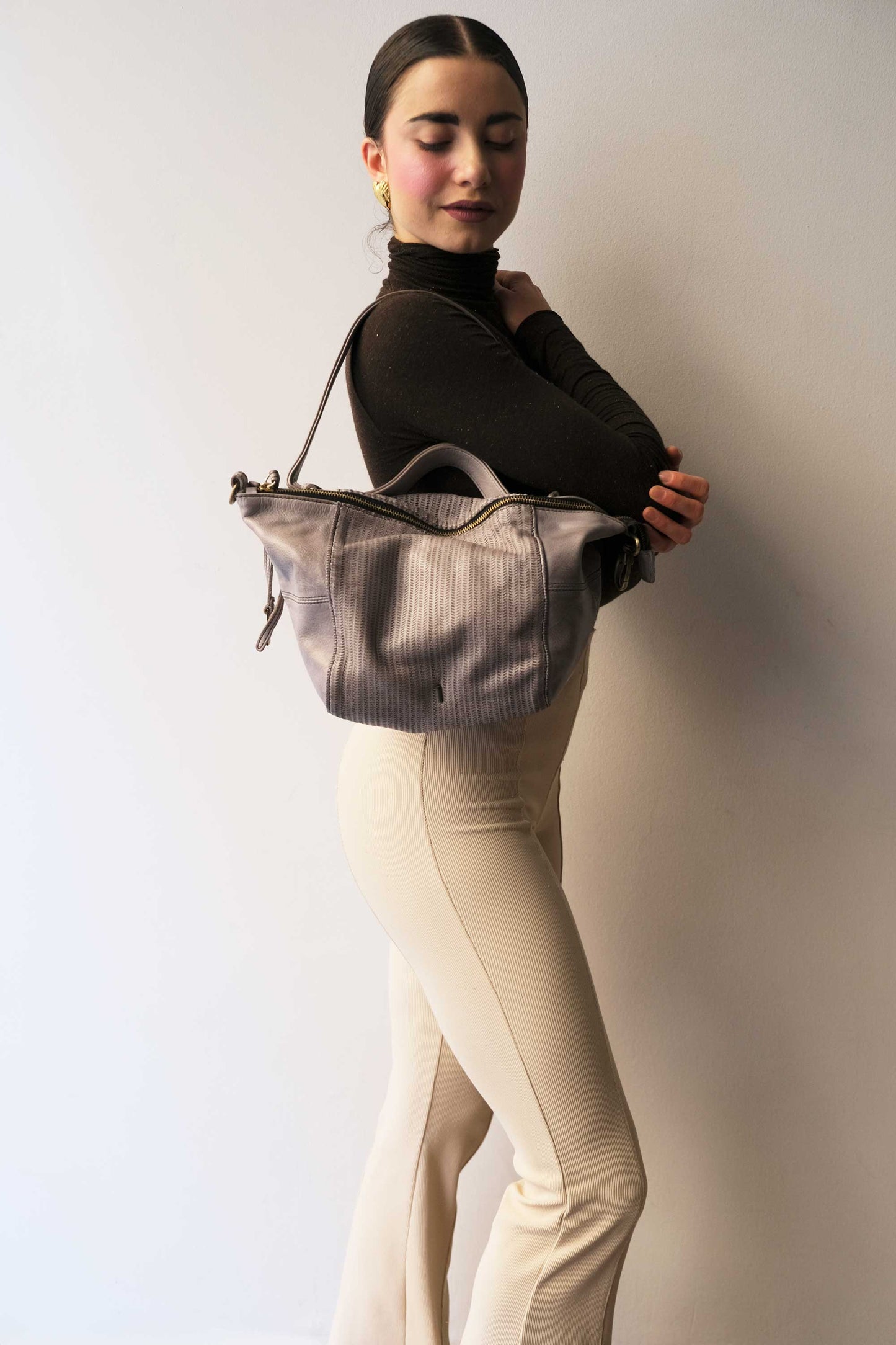 Mina media tote bag in turner ash soft leather - Made in Italy -