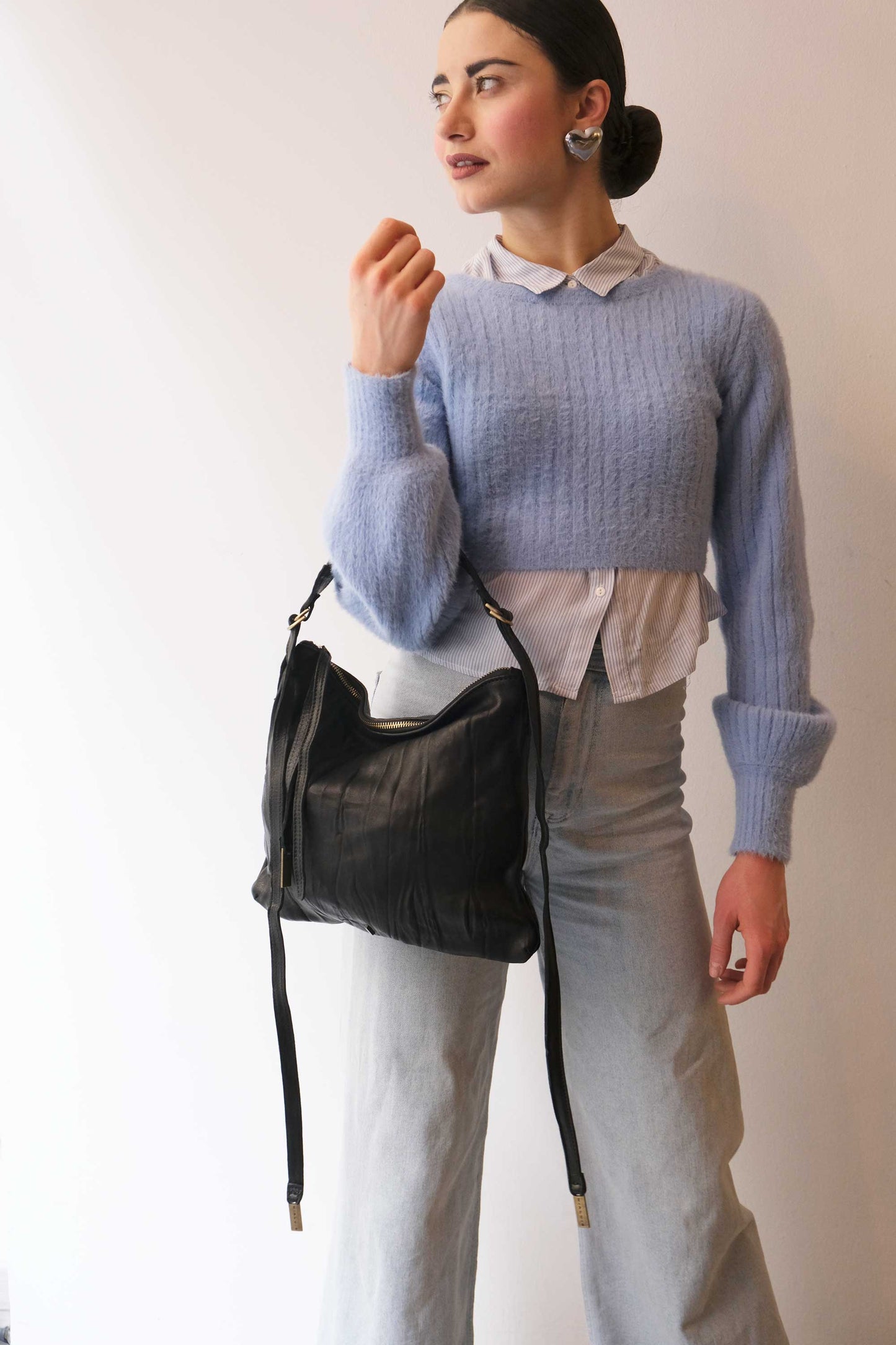 Valentina small hobo bag in black lomè leather - Made in Italy -