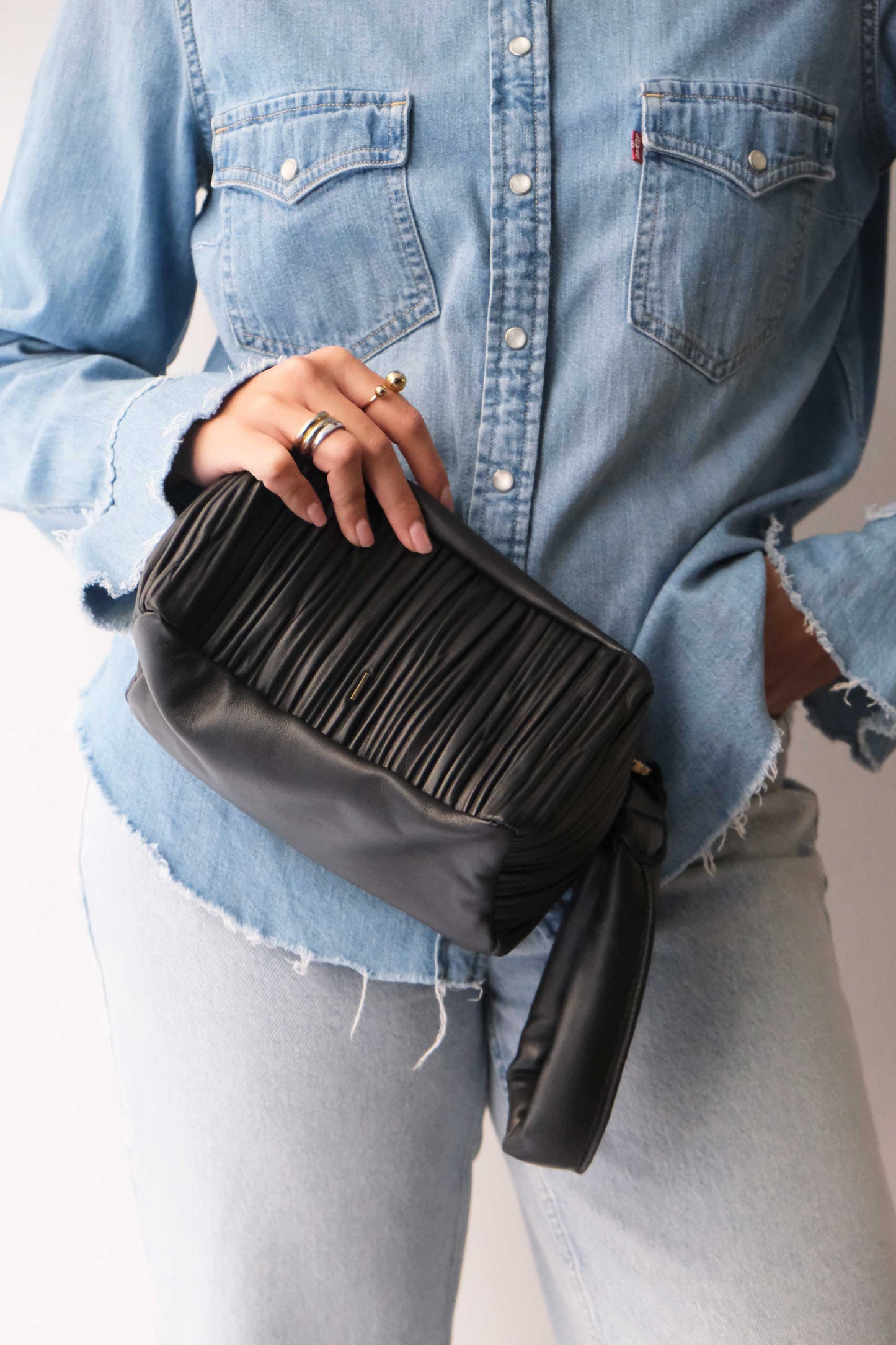 Bobo mini in black pleated leather nappa - Made in Italy -