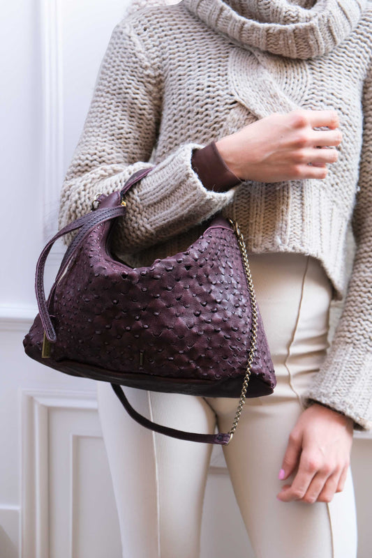 Chicca Media hobo bag in plum perforated nappa - Made in Italy-