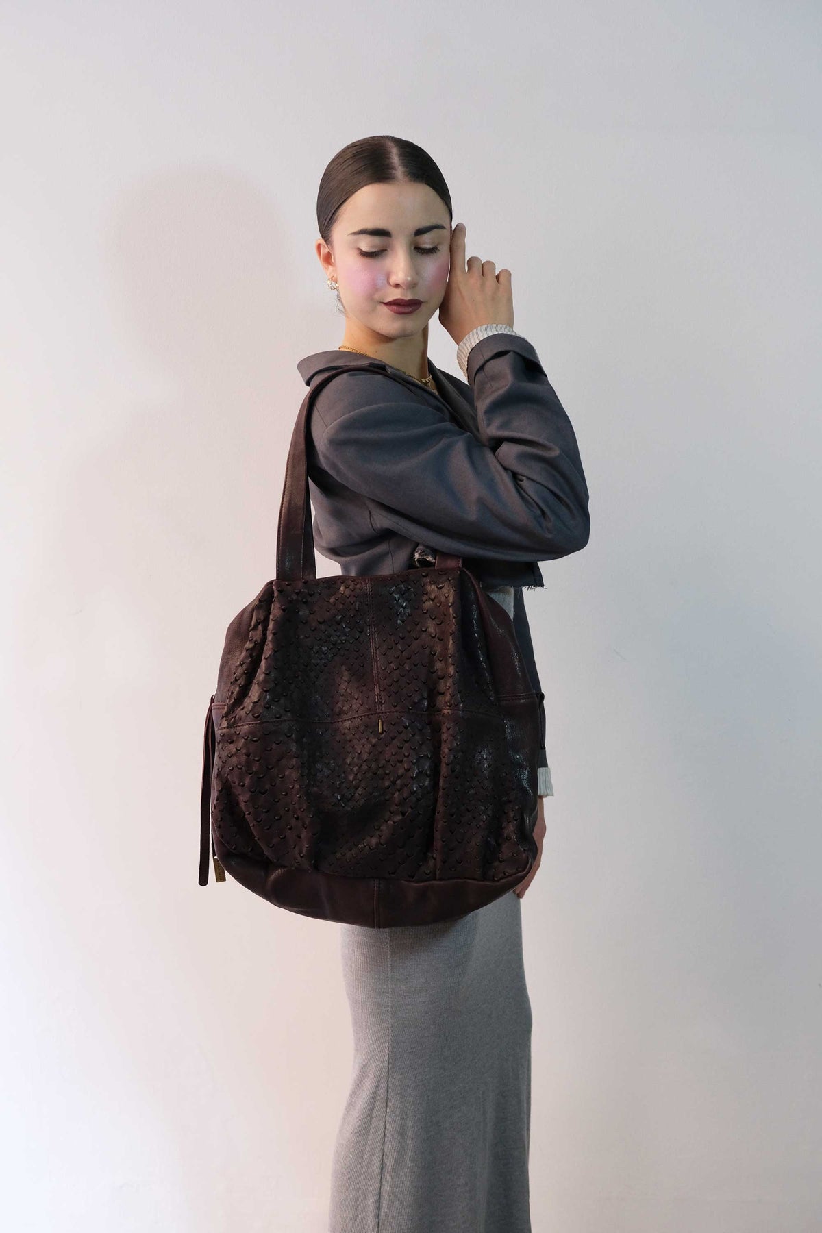 Riri borsa tote in nappa traforata prugna- Made in Italy -
