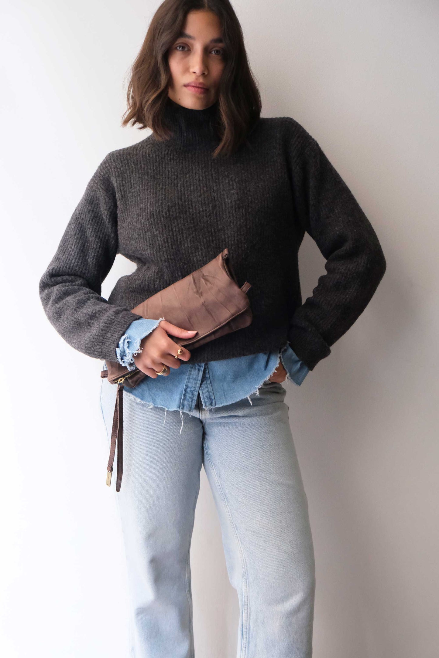 Stella modular pochette in brown nappa washed soft leather leather - Made in Italy -