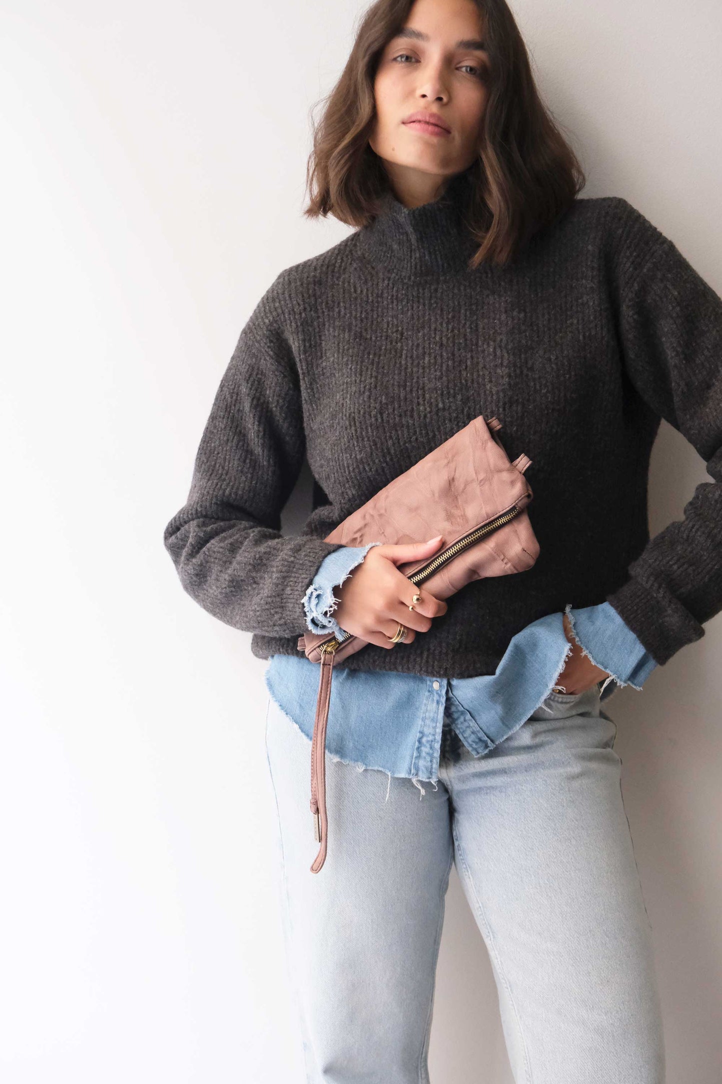 Stella modular pochette in taupe nappa washed soft leather leather - Made in Italy -