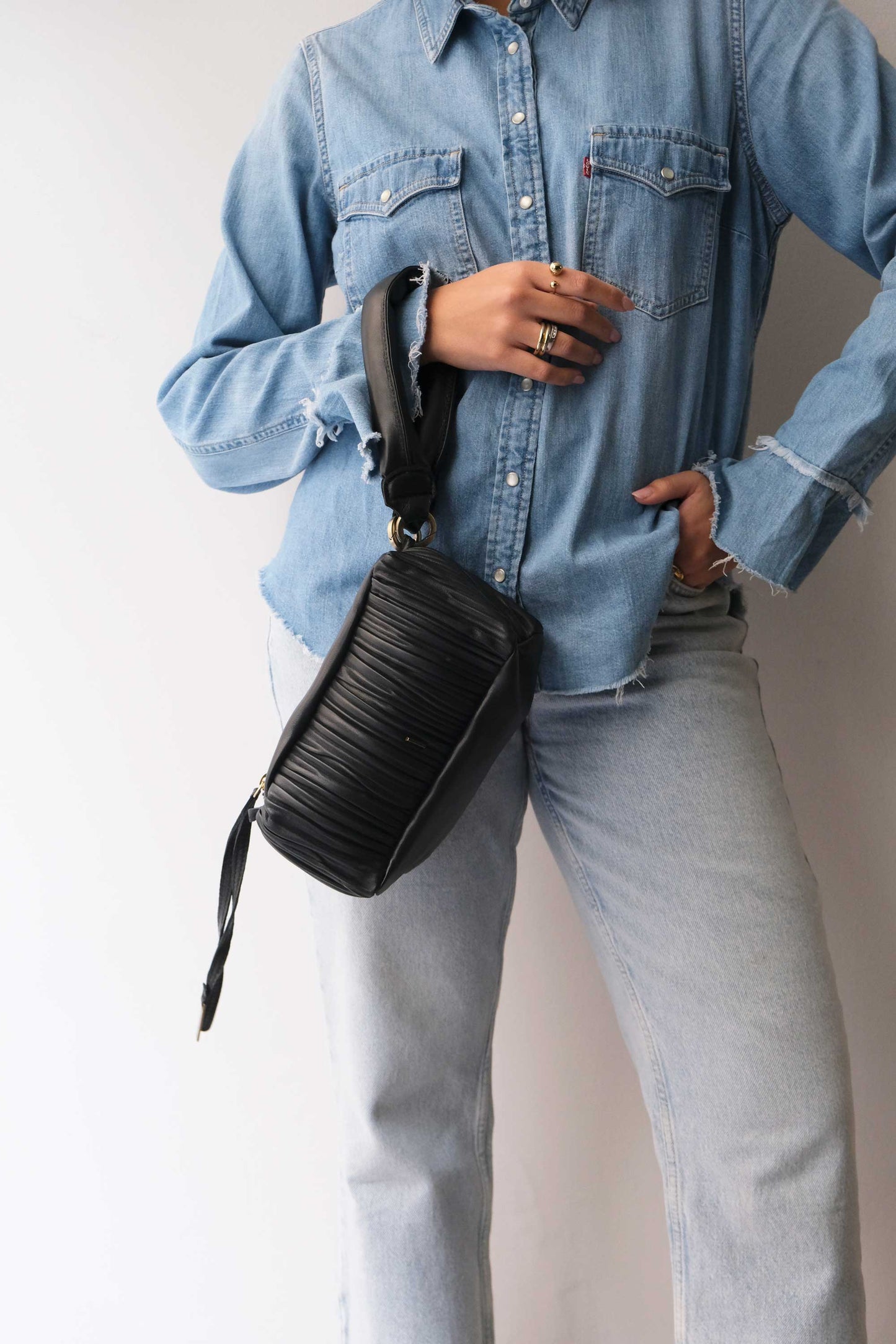 Bobo mini in black pleated leather nappa - Made in Italy -