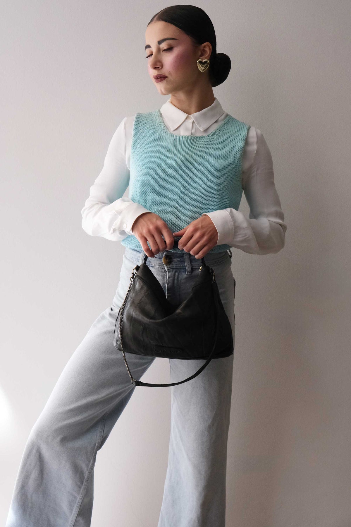 Chicca Media hobo bag in black lomé nappa - Made in Italy -