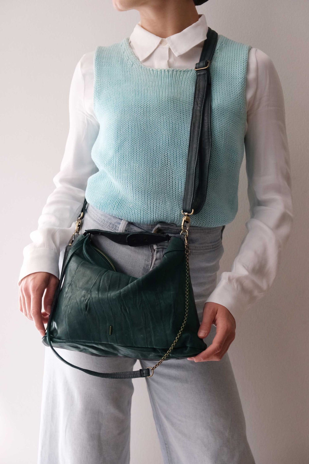 Chicca Media hobo bag in teal lomé nappa - Made in Italy -