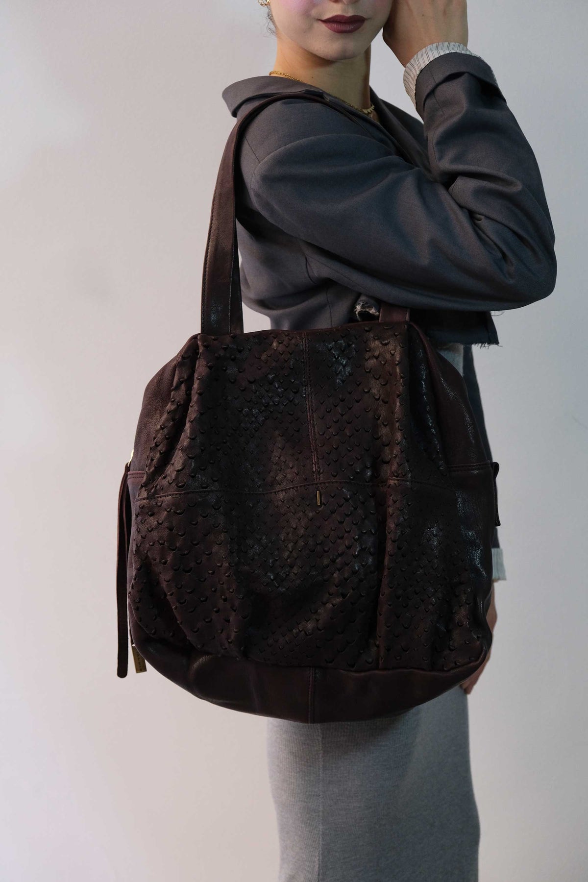 Riri borsa tote in nappa traforata prugna- Made in Italy -