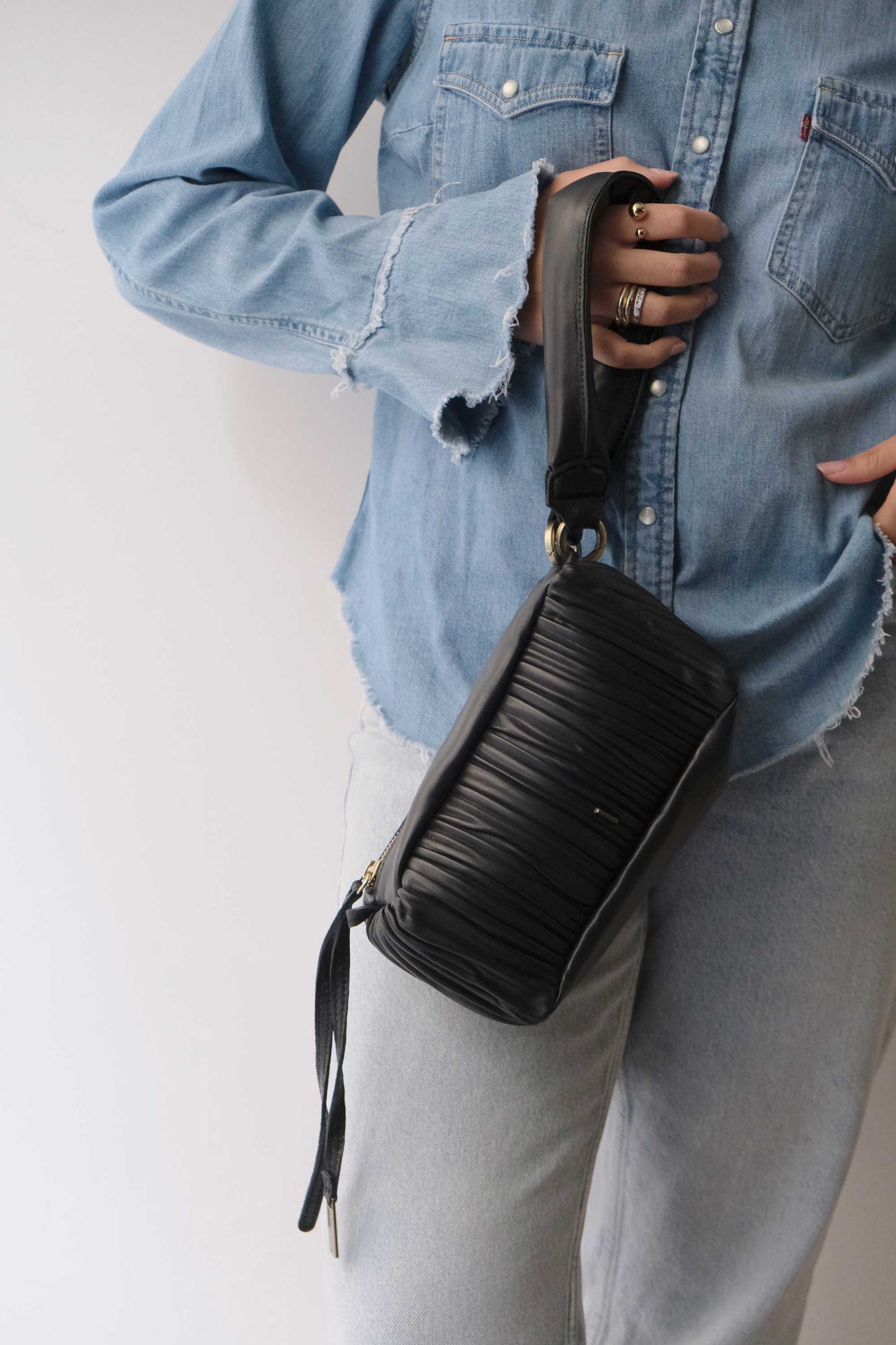 Bobo mini in black pleated leather nappa - Made in Italy -