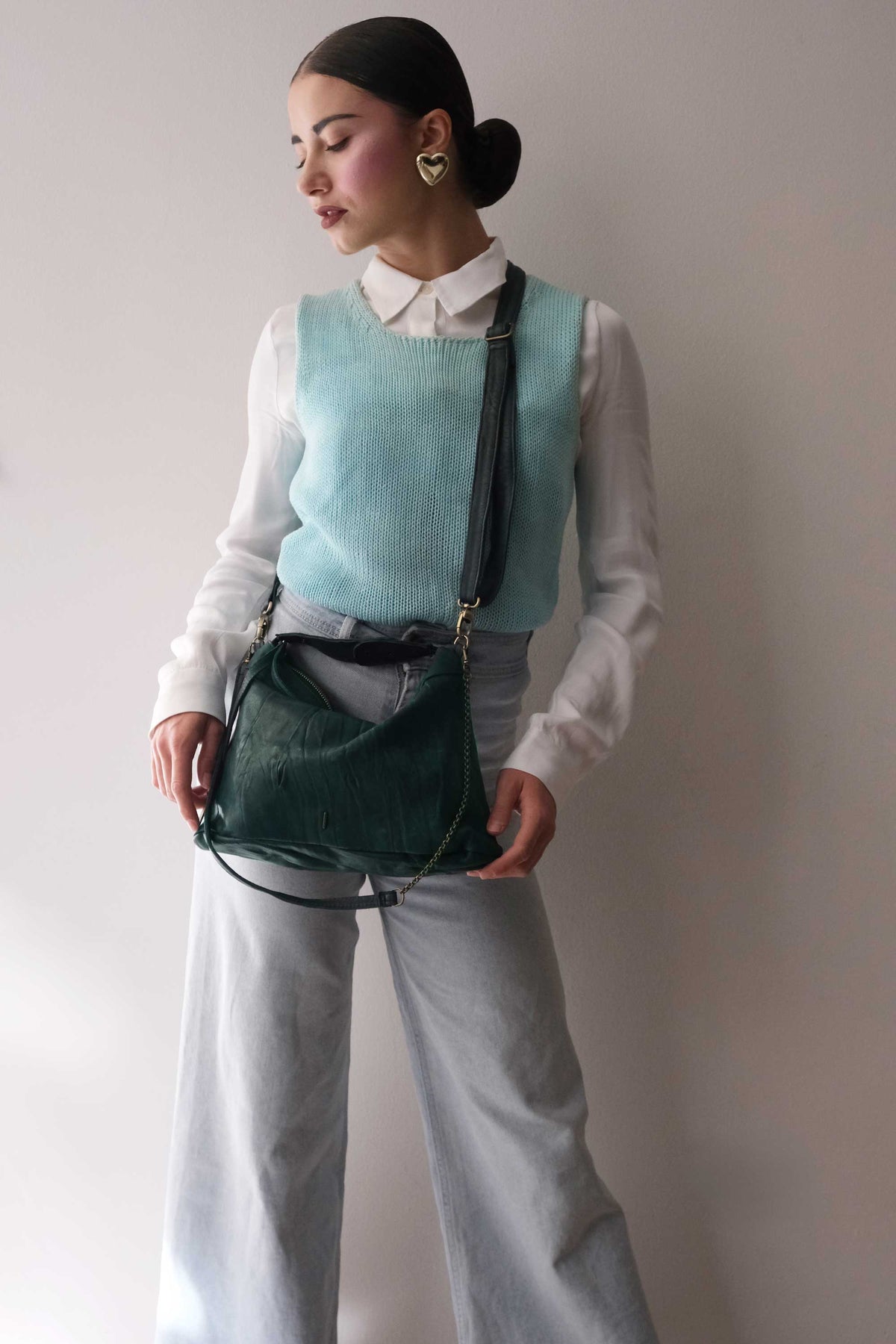Chicca Media hobo bag in teal lomé nappa - Made in Italy -