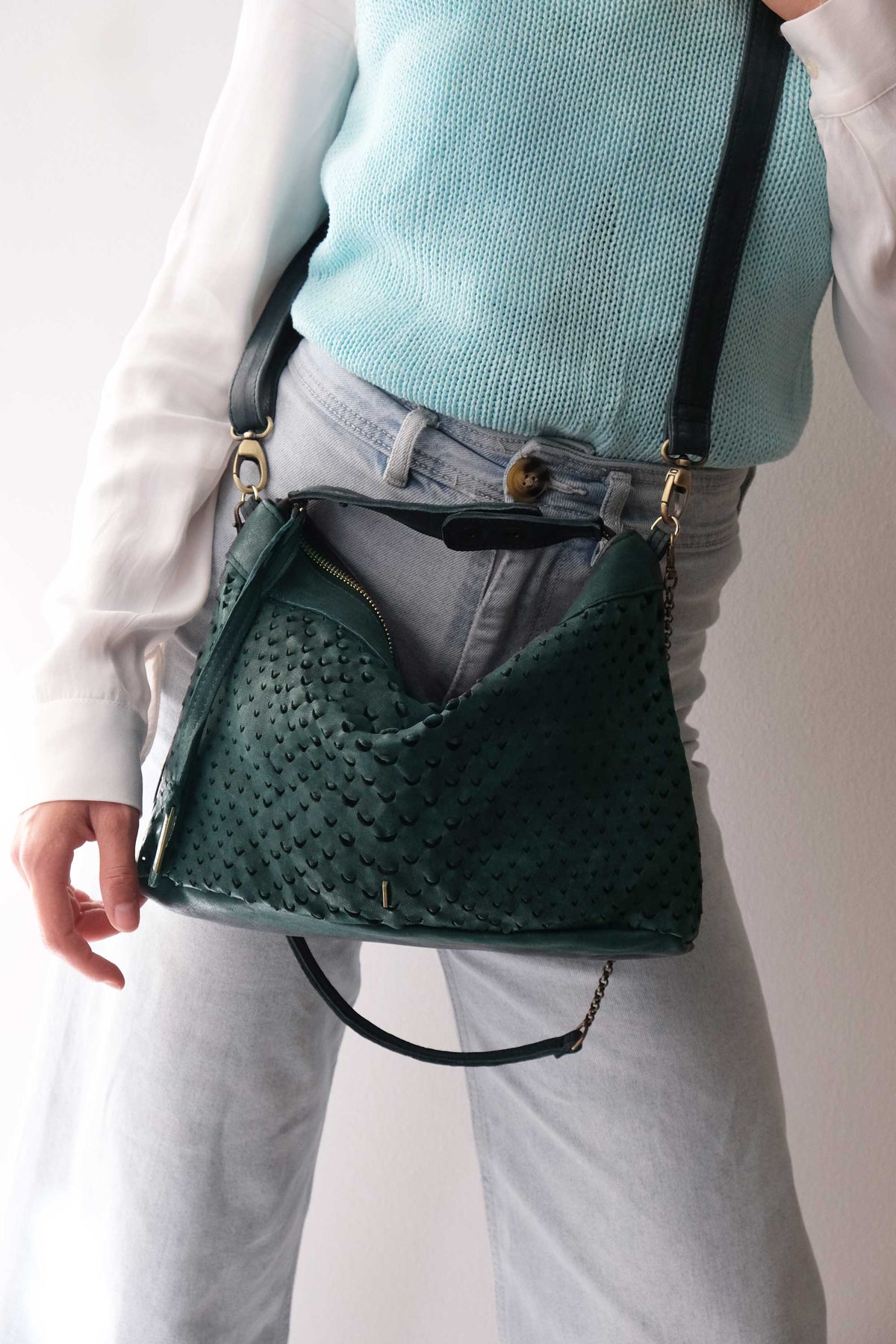 Chicca Media hobo bag in teal perforated nappa - Made in Italy -
