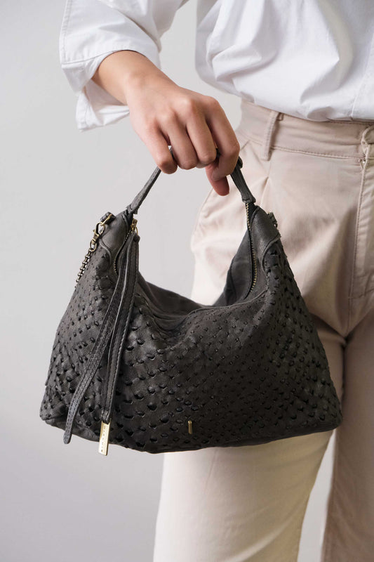 PRE ORDER - discount 15% -Chicca Media hobo bag in grafite perforated nappa- use code CHICCA15- DELIVERY END OF MAY