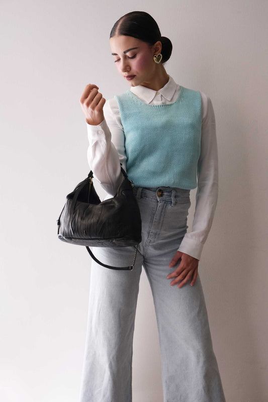 Chicca Media hobo bag in black lomé nappa - Made in Italy -