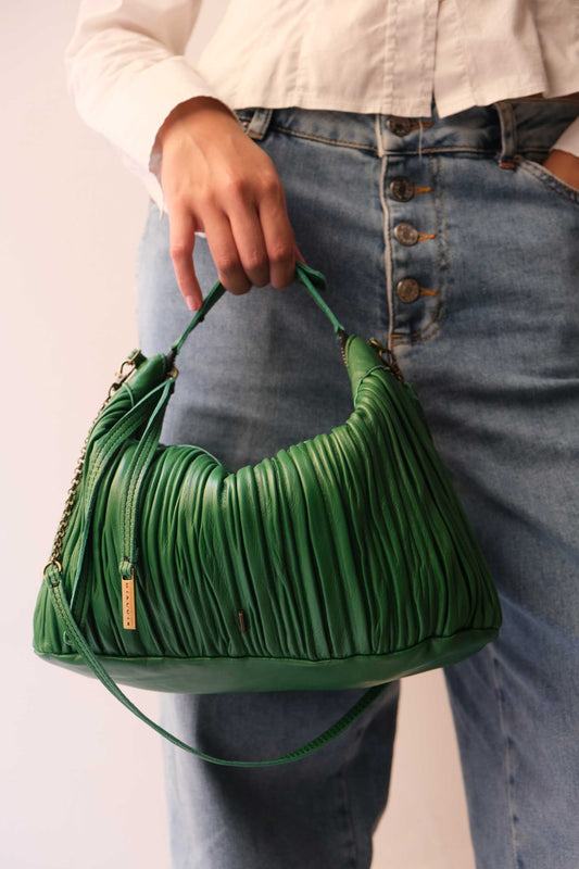 Chicca Media hobo bag in emerald pleated leather - Made in Italy -