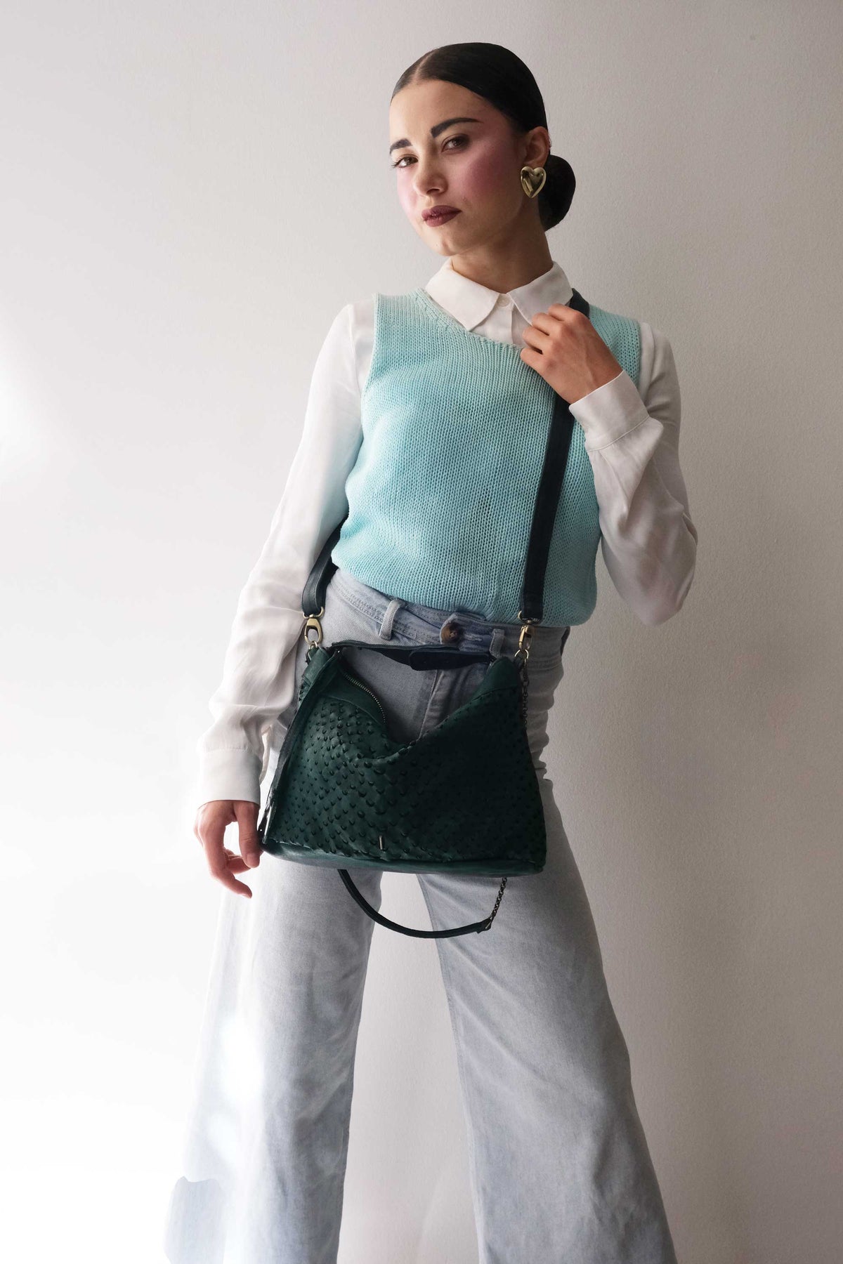 Chicca Media hobo bag in teal perforated nappa - Made in Italy -