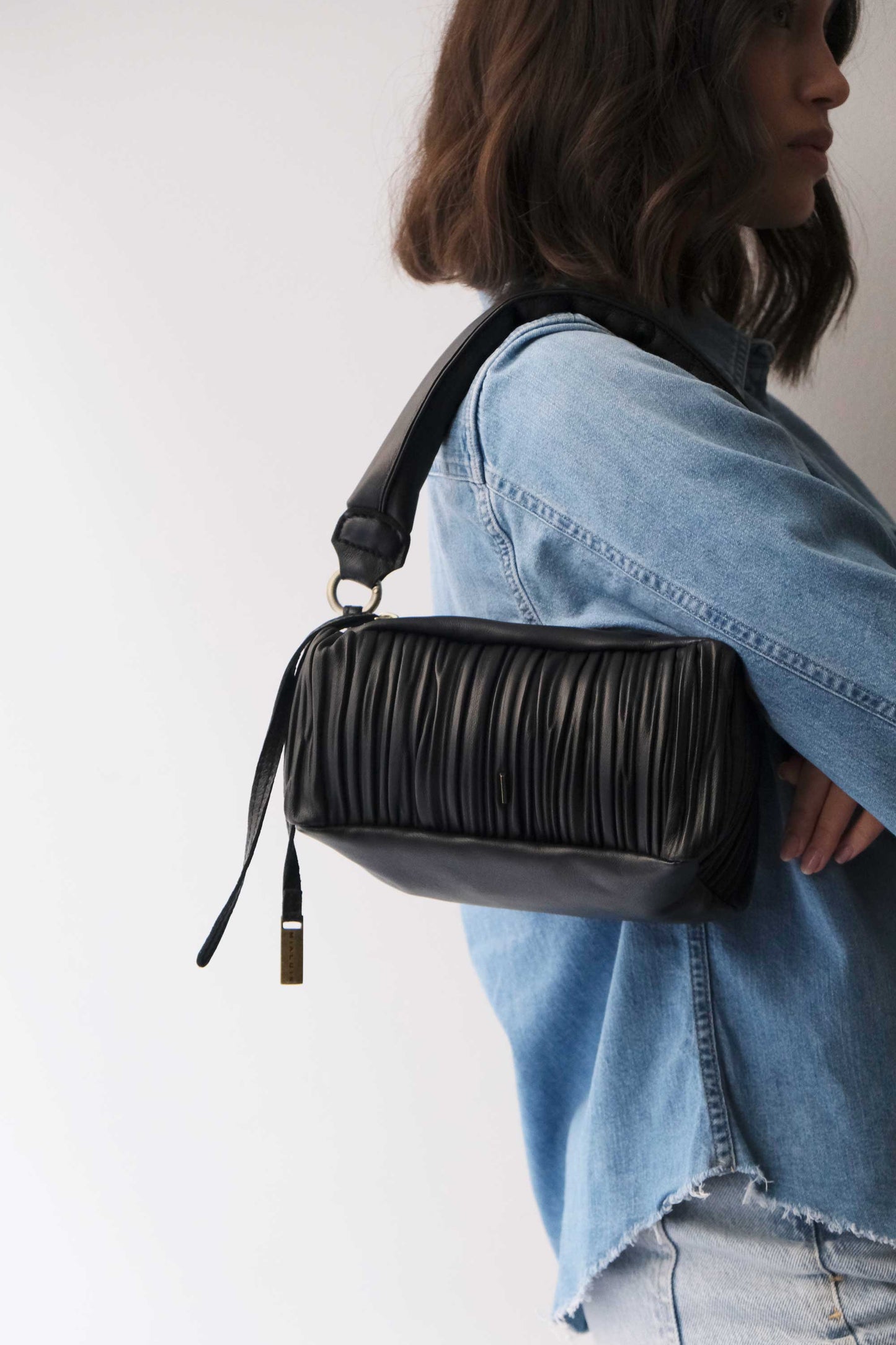 Bobo mini in black pleated leather nappa - Made in Italy -