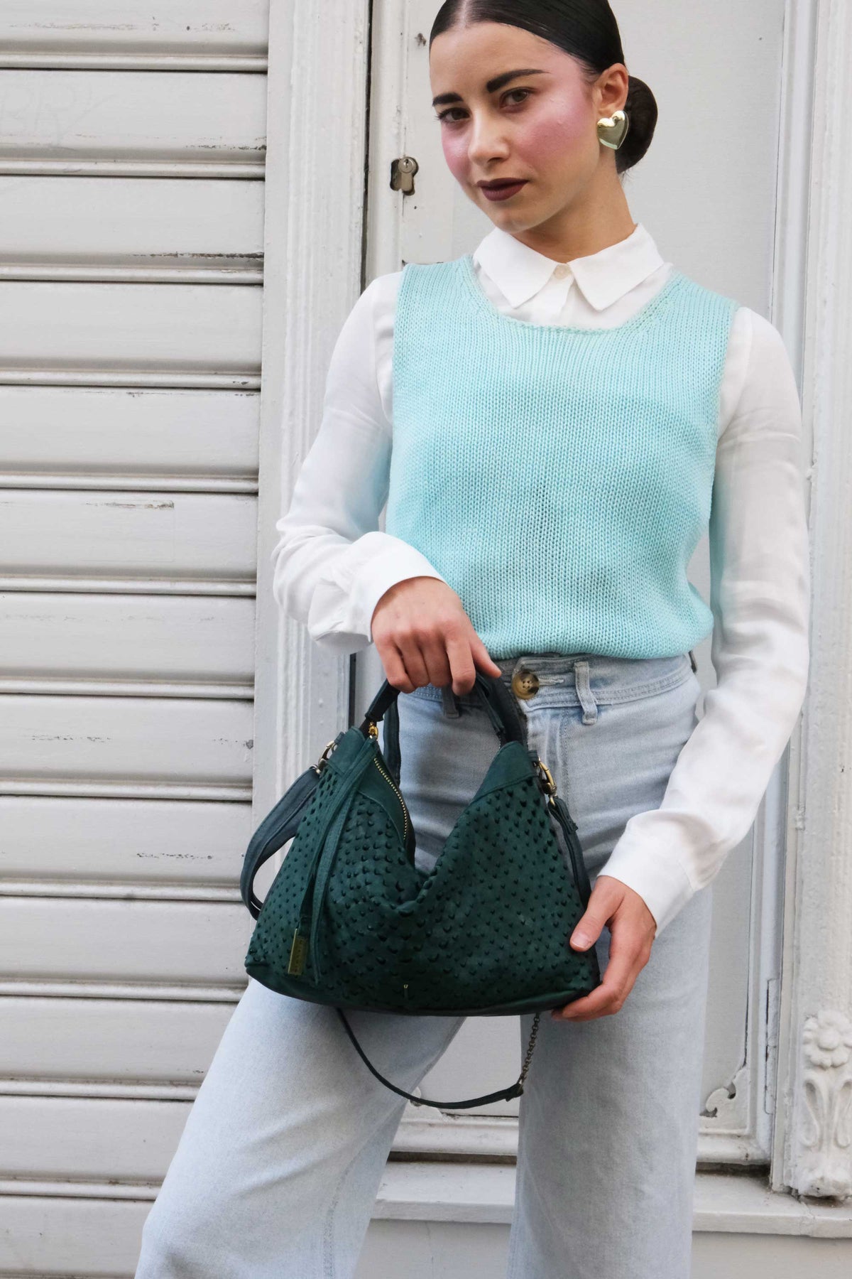 Chicca Media hobo bag in teal perforated nappa - Made in Italy -
