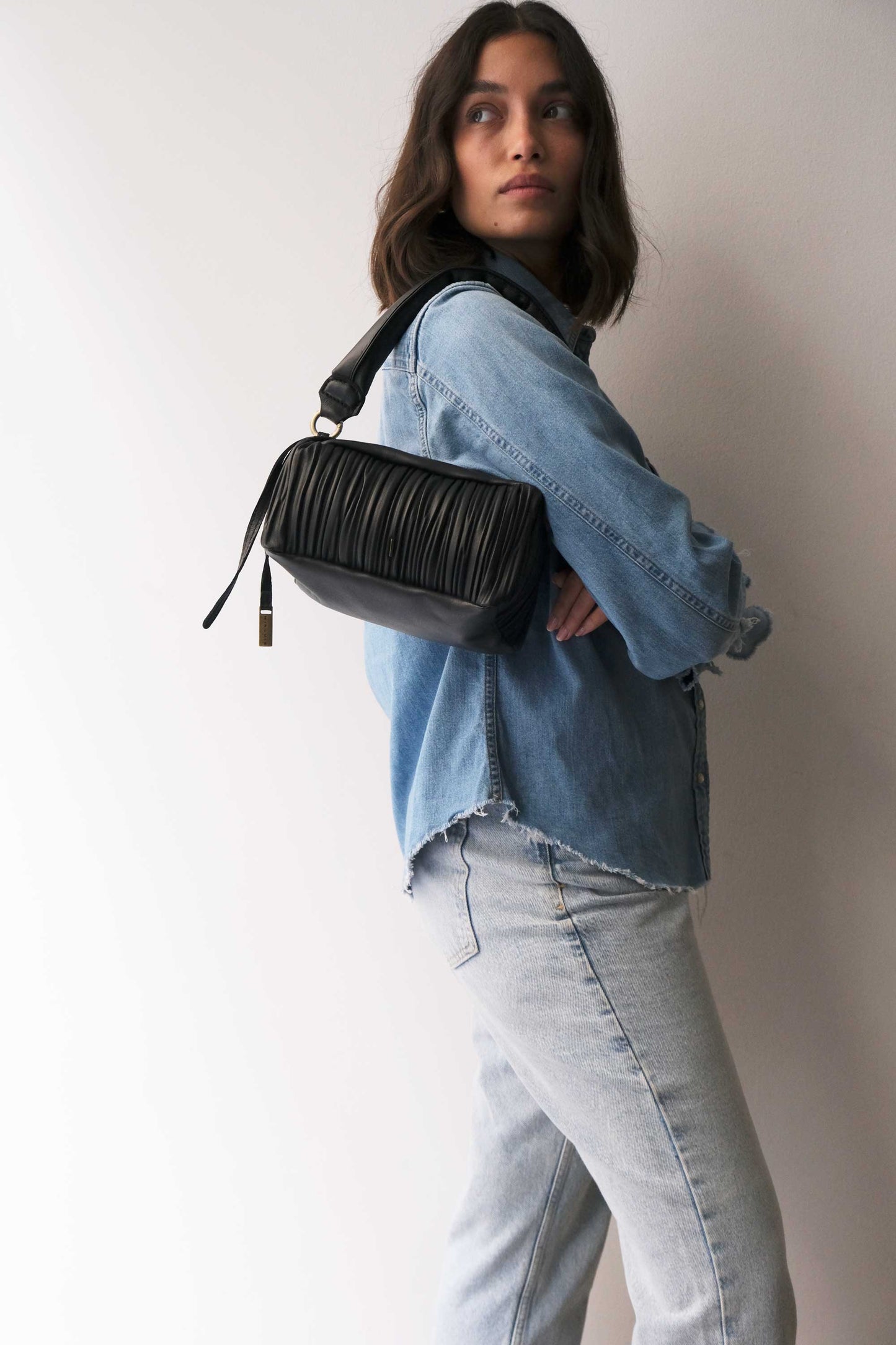 Bobo mini in black pleated leather nappa - Made in Italy -