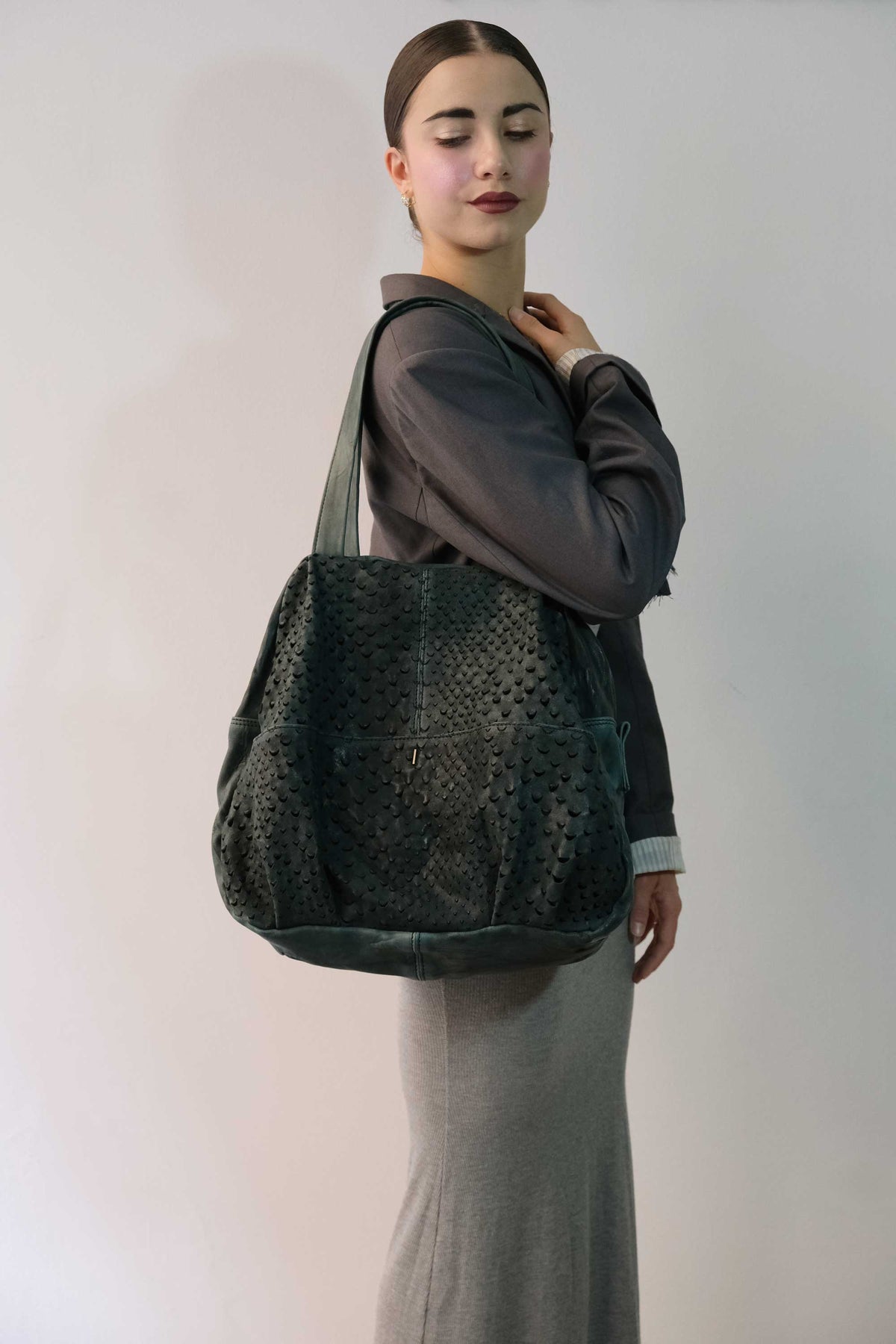 Riri tote bag in teal perforated nappa - Made in Italy -