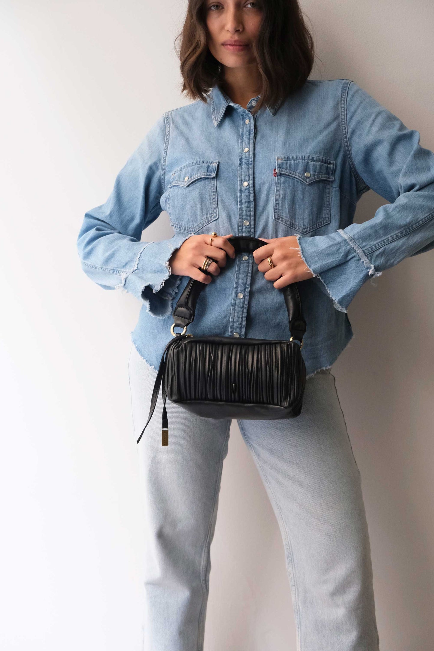 Bobo mini in black pleated leather nappa - Made in Italy -