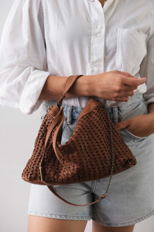 Chicca Media hobo bag in chocolate perforated giunco nappa - Made in Italy -