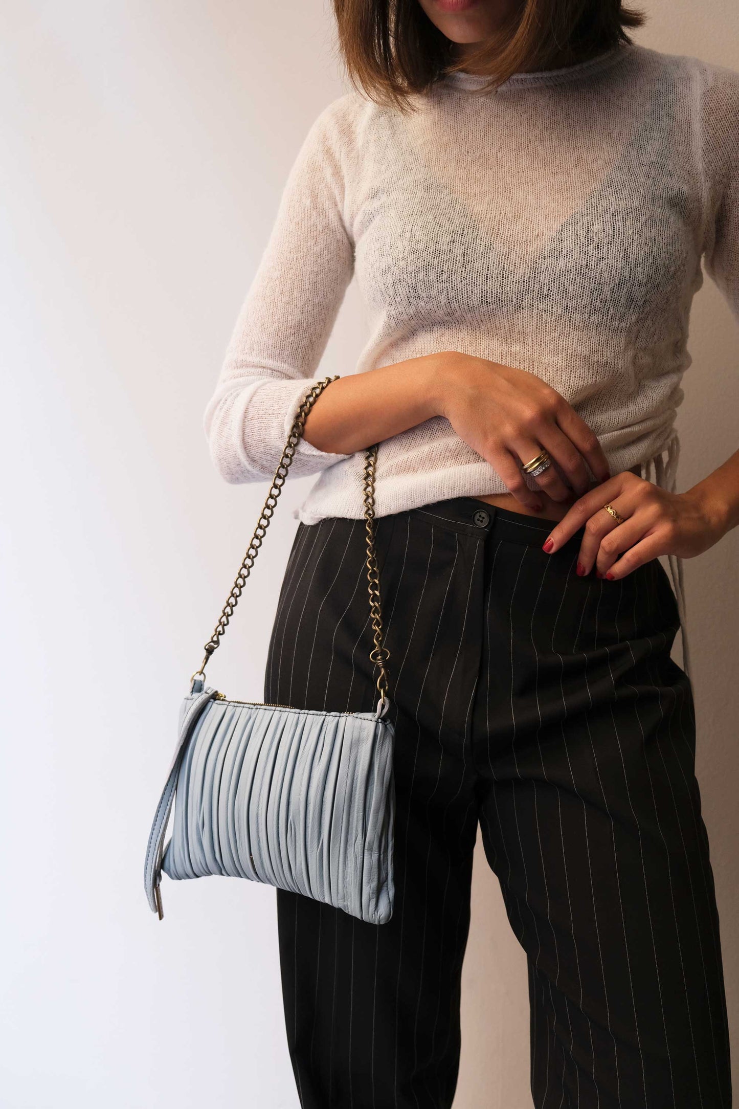 Mikin pochette in sky blue pleated soft leather - Made in Italy -