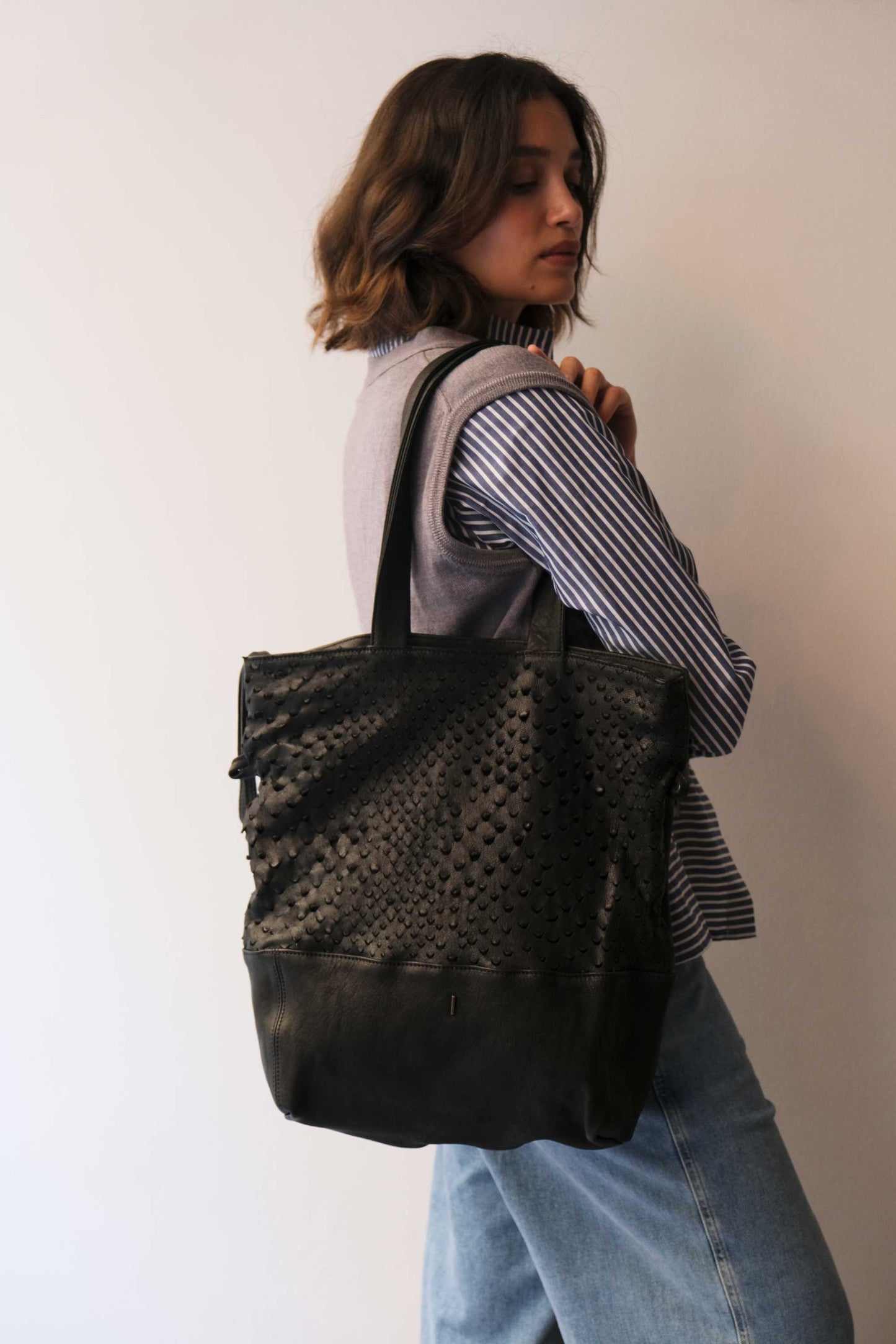 Nina tote in black perforated nappa leather  - Made in Italy -