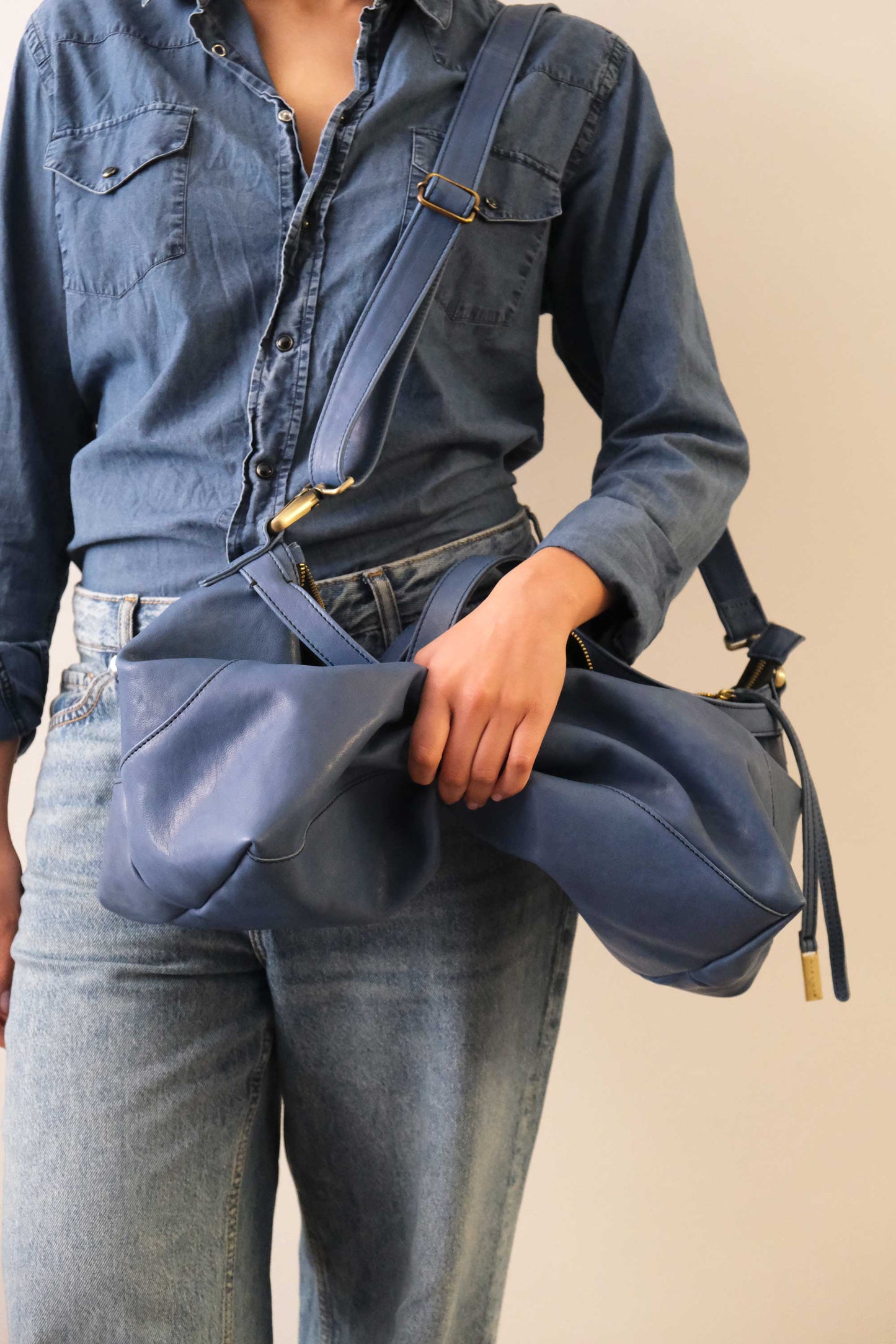 Borsa a tracolla, a mano e a spalla in nappa denim