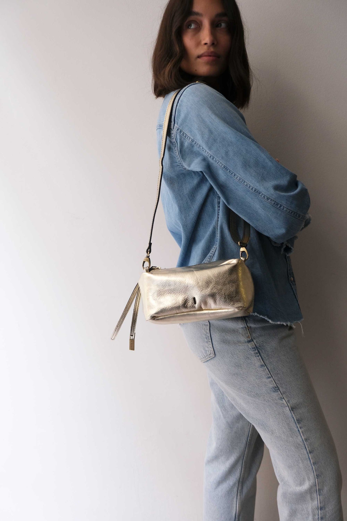 Bobo mini in laminated gold leather nappa - Made in Italy -