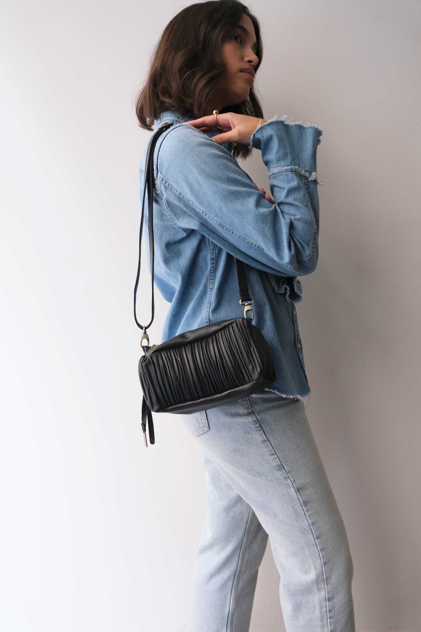 Bobo mini in black pleated leather nappa - Made in Italy -