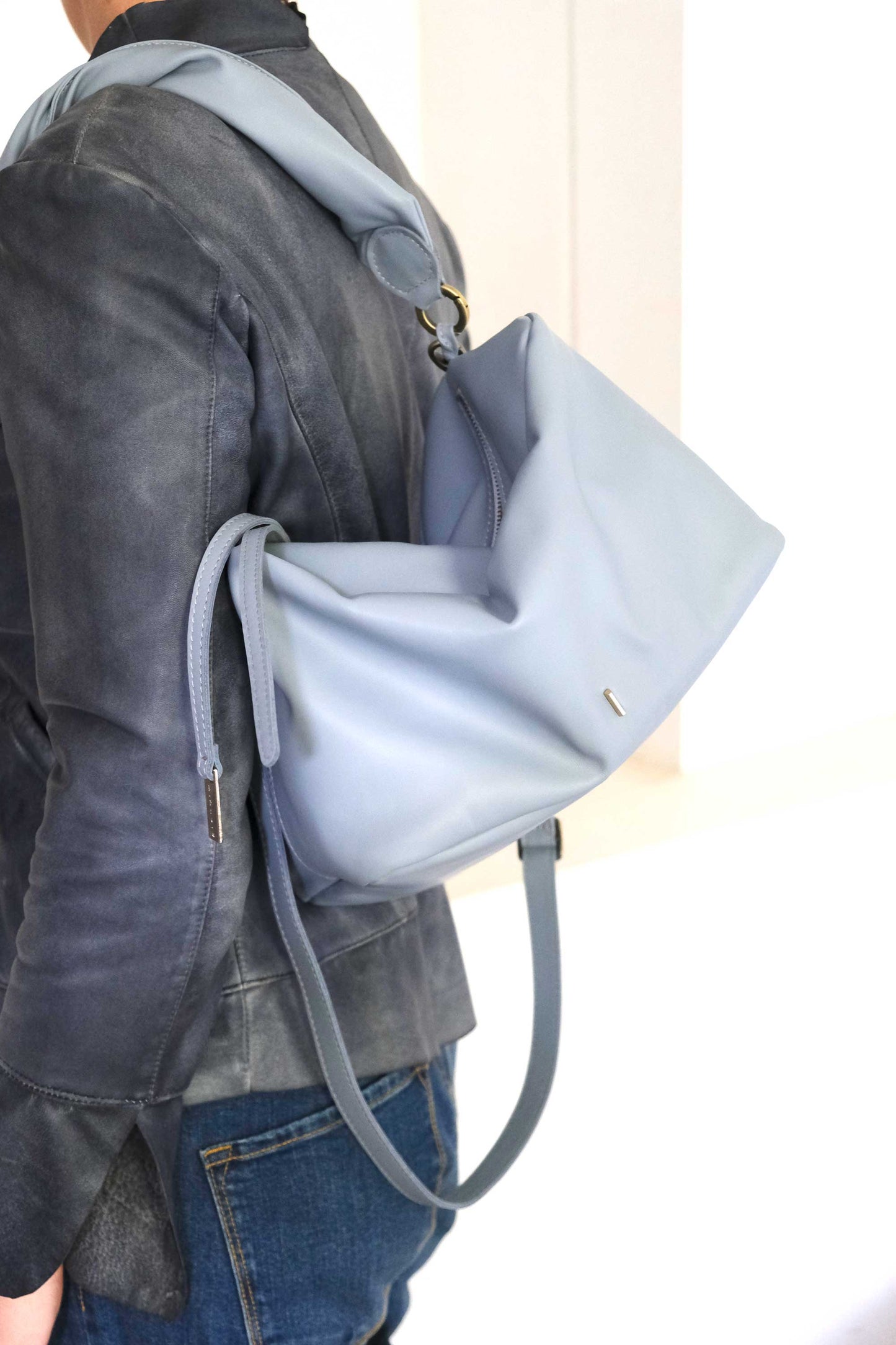 Bobo top handle bag in soft sky blue leather