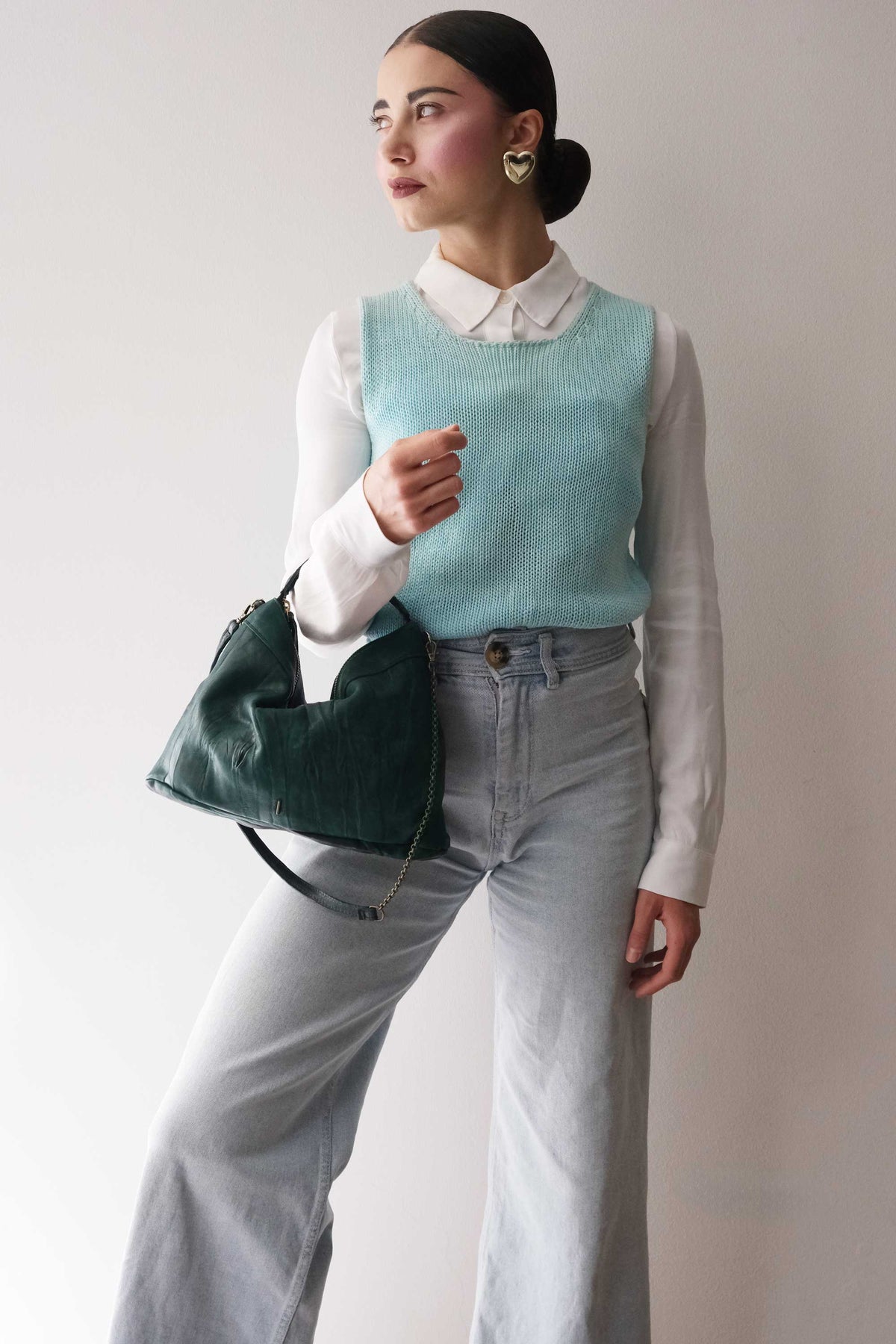 Chicca Media hobo bag in teal lomé nappa - Made in Italy -