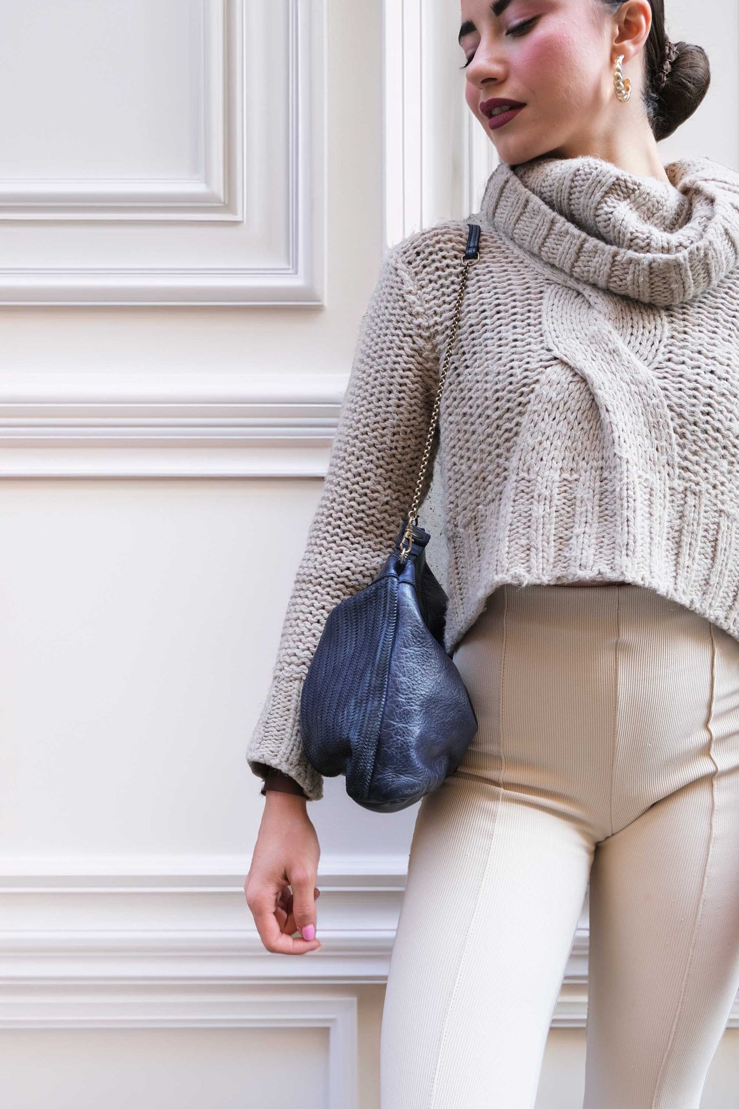 Chicca Media hobo bag in cobalt turner calf soft leather - Made in Italy-