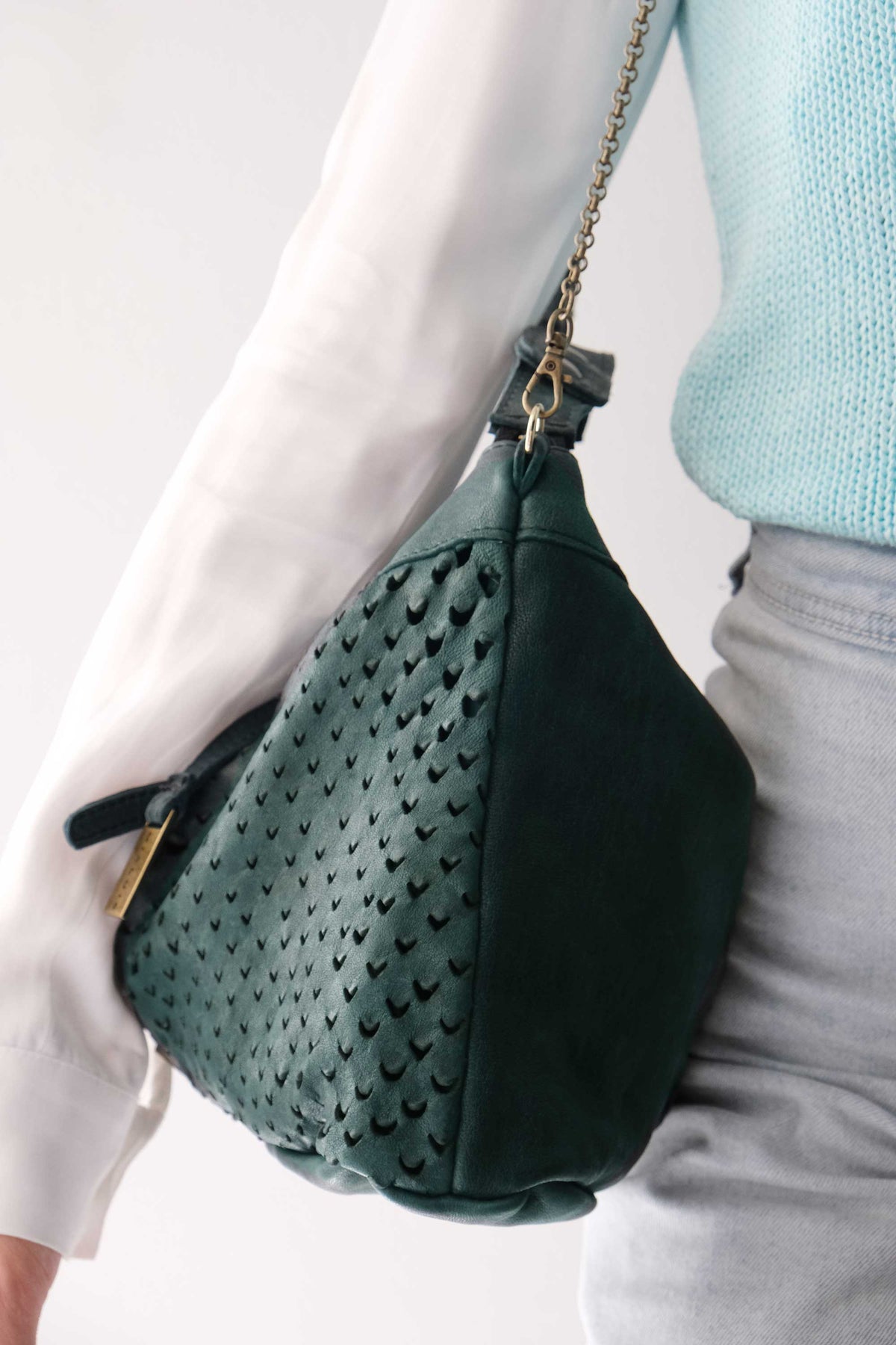 Chicca Media hobo bag in teal perforated nappa - Made in Italy -