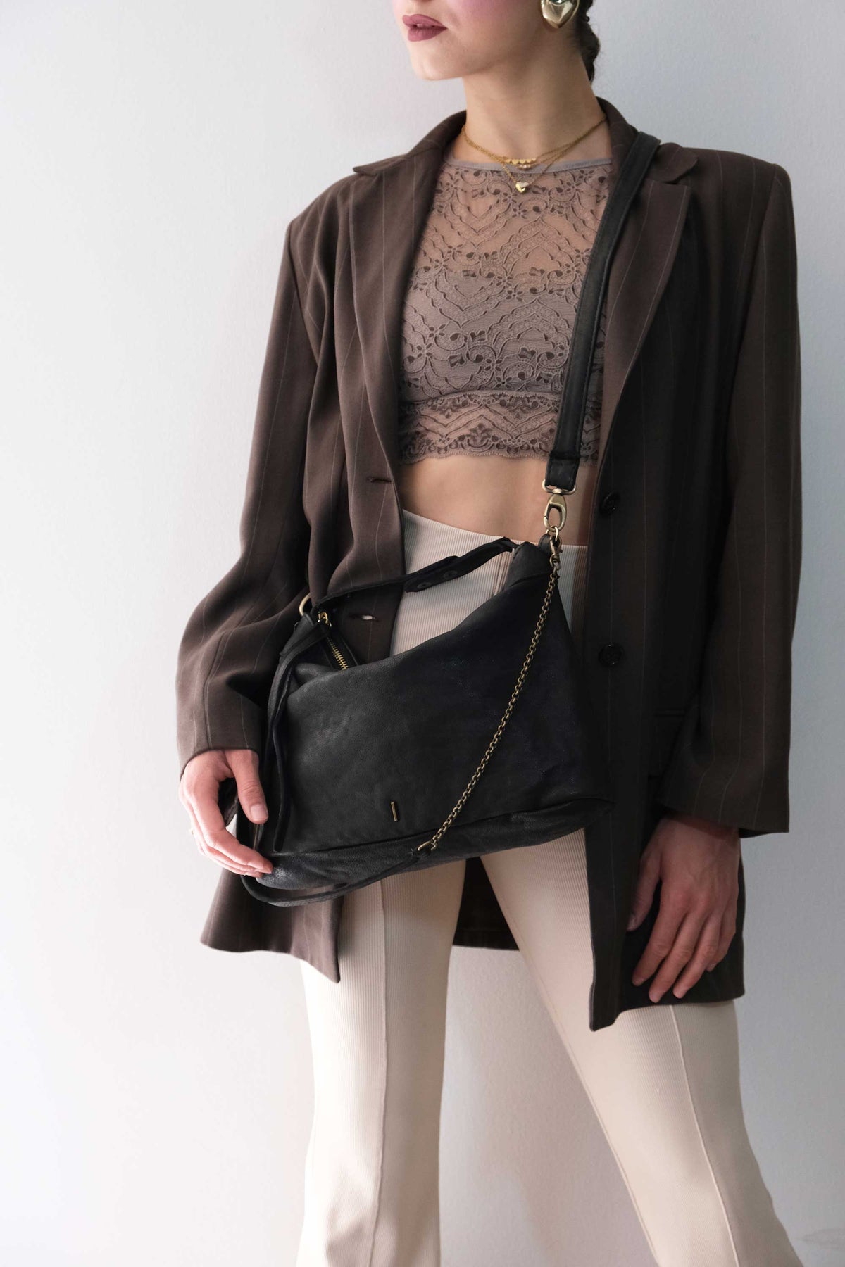 Chicca Media hobo bag in black nappa wash  - Made in Italy -