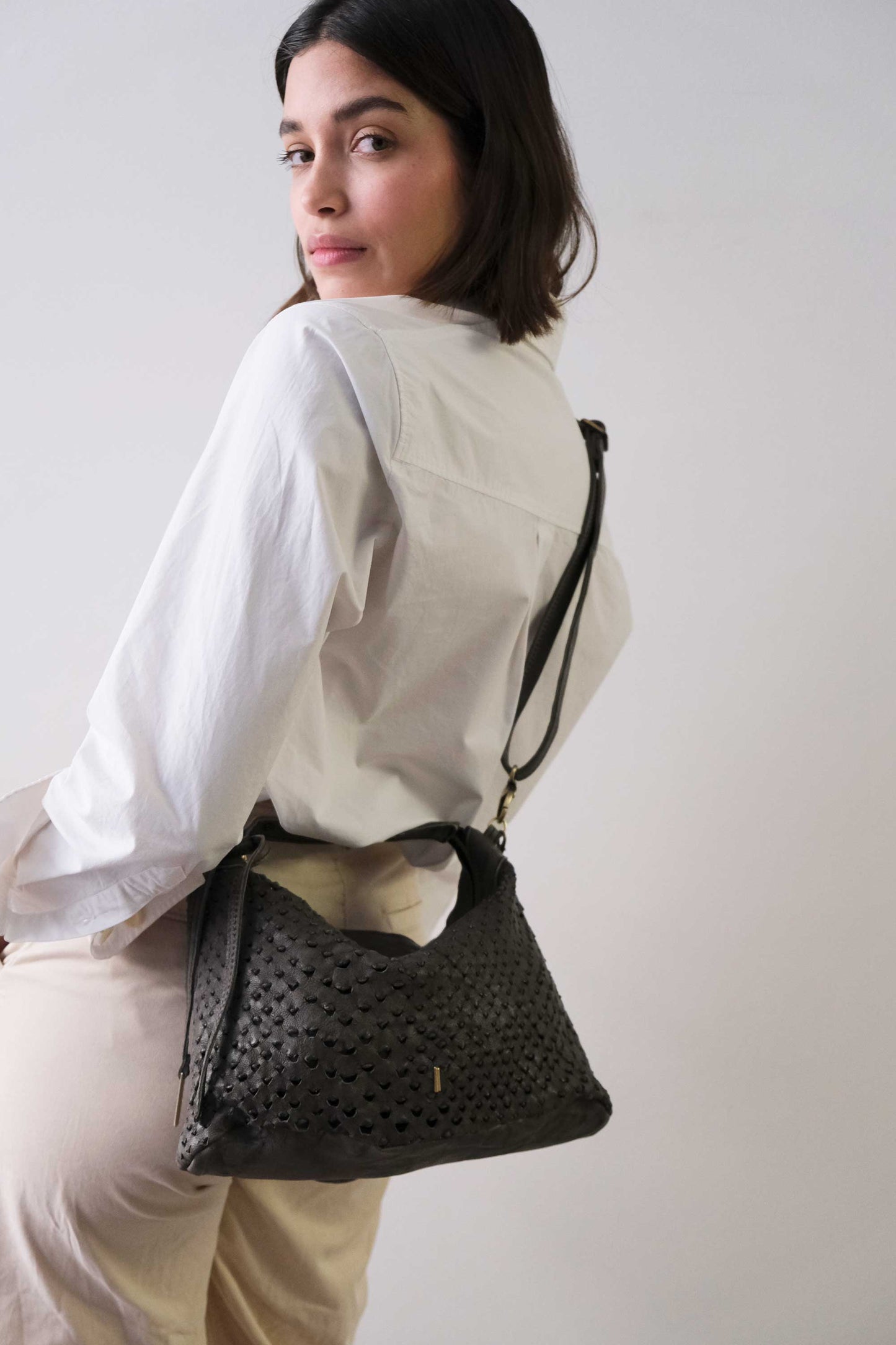 PRE ORDER - discount 15% -Chicca Media hobo bag in grafite perforated nappa- use code PREORDER15- DELIVERY END OF MAY