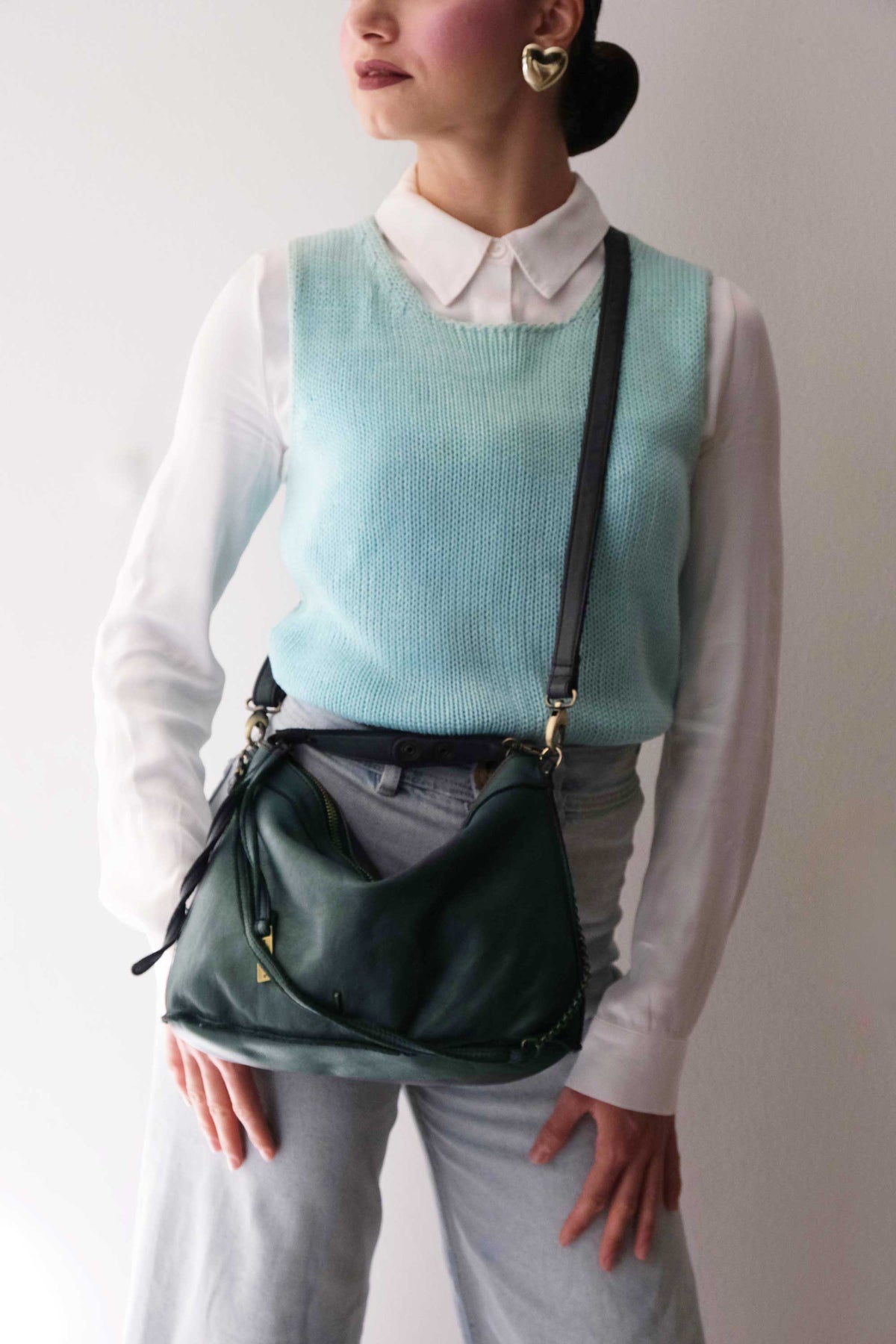 Rechi media hobo bag teal garment-dyed leather - Made in Italy -