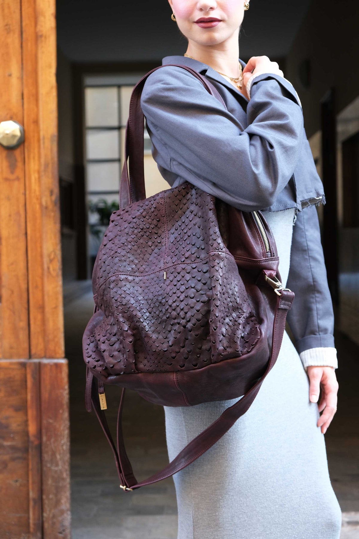 Riri borsa tote in nappa traforata prugna- Made in Italy -